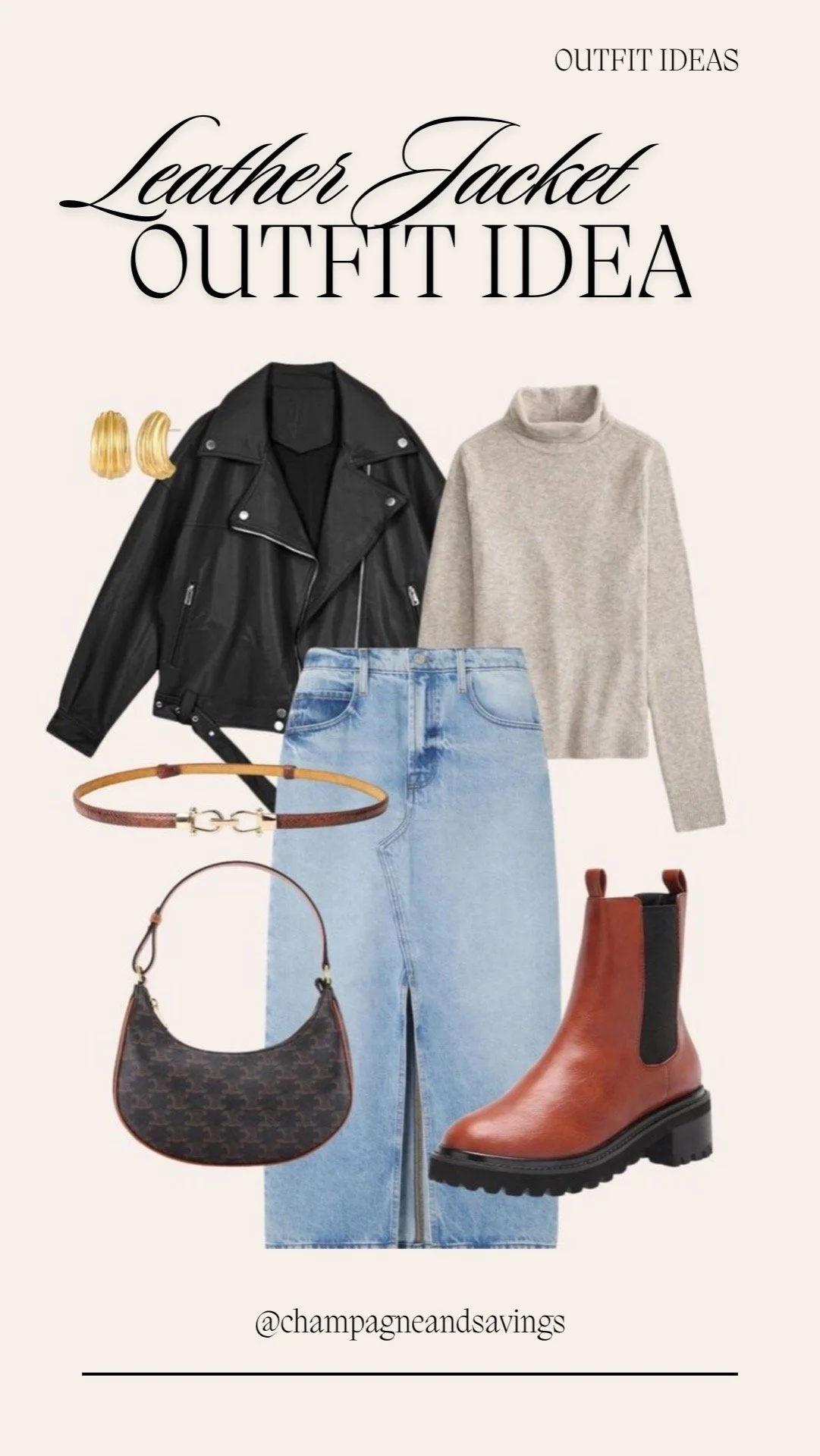 leather jacket, Denim Skirt and Turtleneck