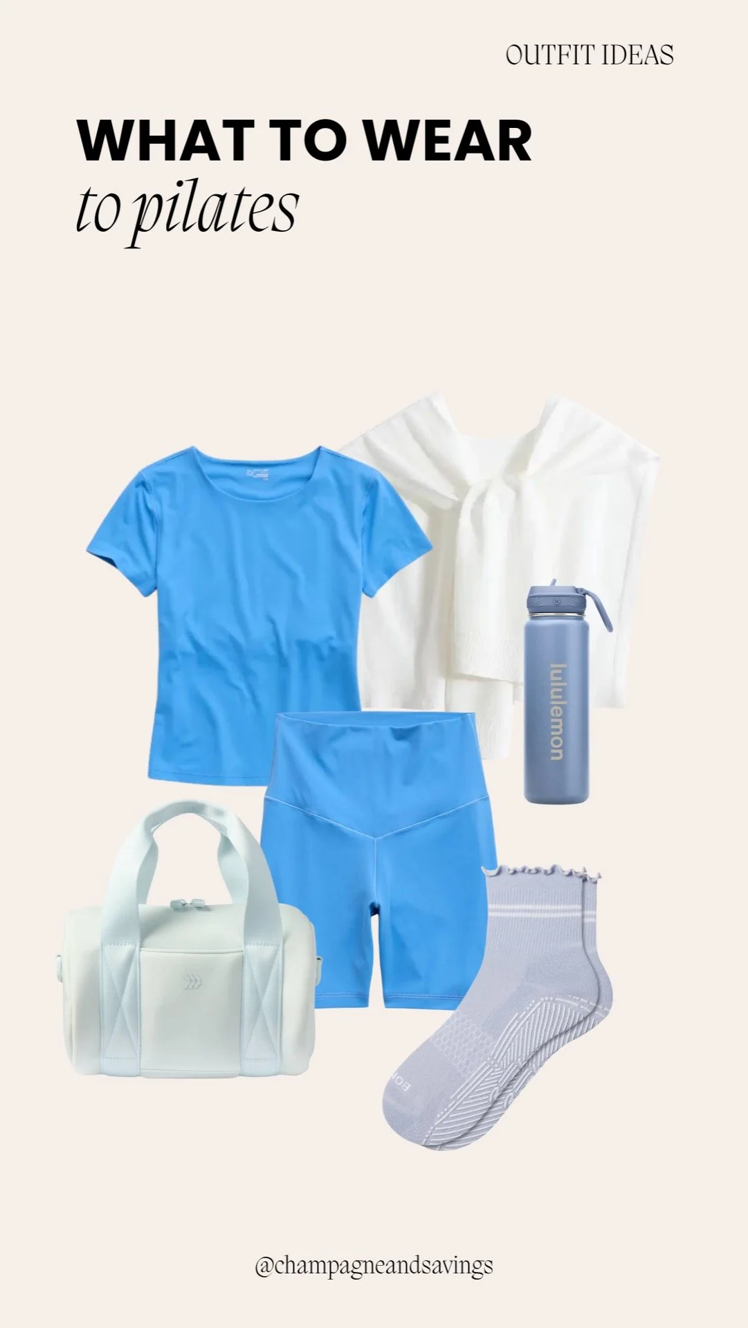 Collage of a bright blue Pilates outfit with matching top and biker shorts.