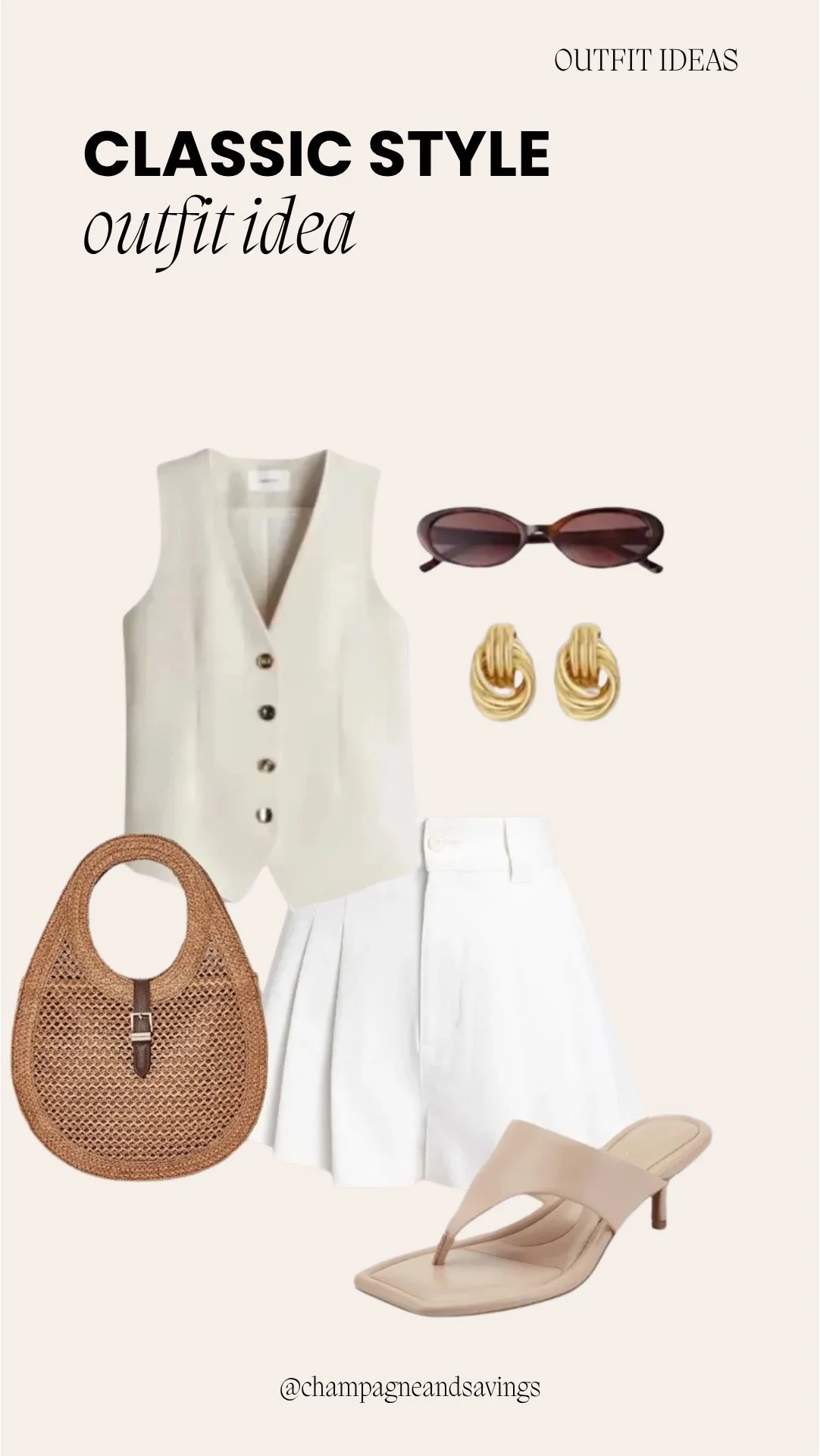 Image of a classic outfit collage featuring a cream tailored vest, pleated shorts, and kitten thong heels styled together with coordinating accessories arranged as outfit pieces