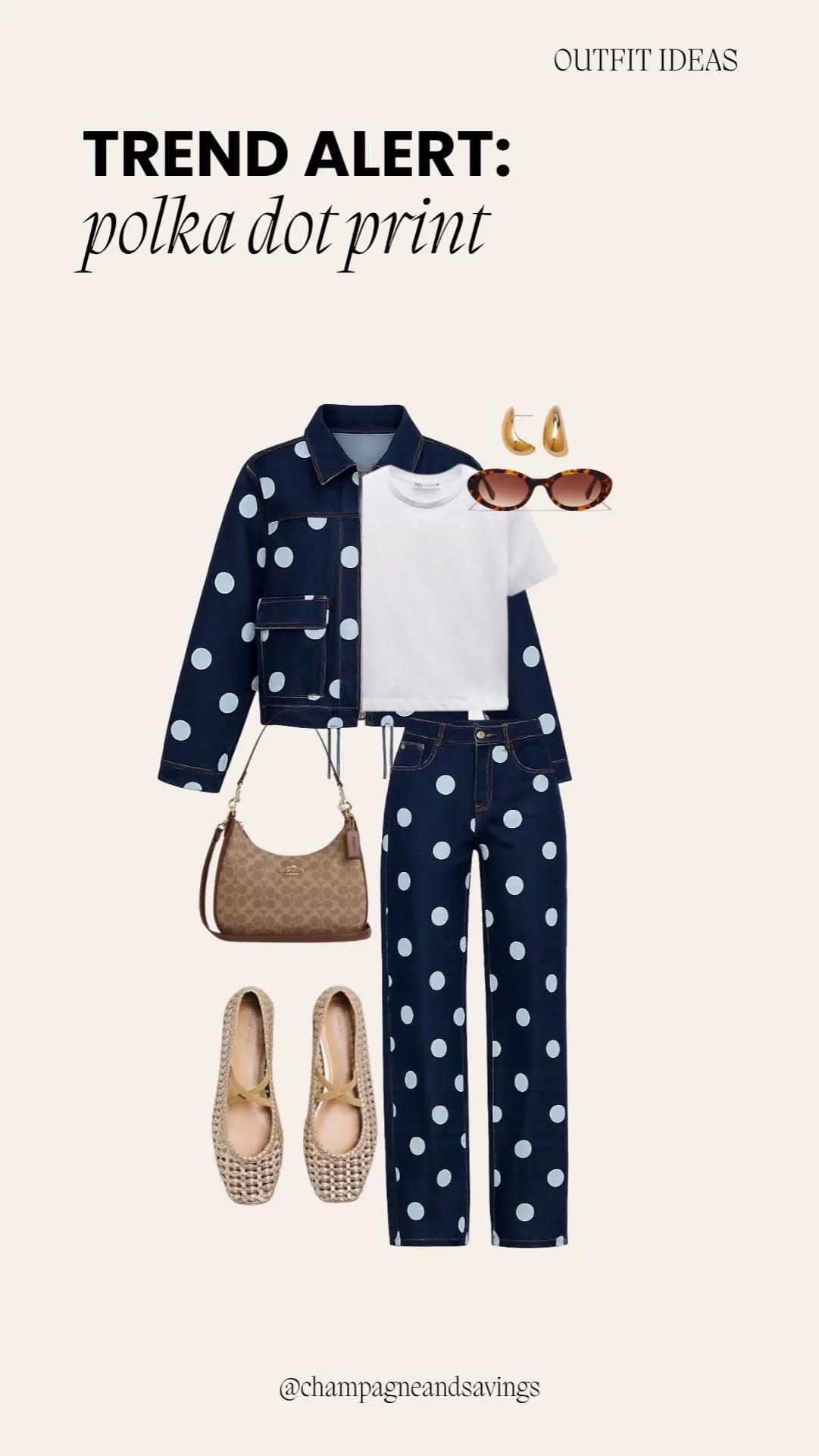 Collage of outfit pieces featuring a polka dot denim set paired with a white tee and ballet flats, styled for a casual and chic look.