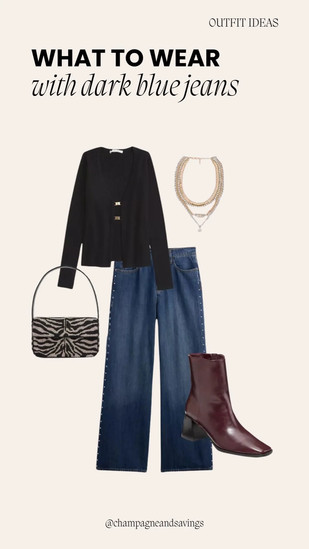 Collage of outfit pieces for a “Black Cardigan + Statement Boots” dark denim look, featuring dark denim paired with a black cardigan and bold statement boots, styled in a chic edgy aesthetic.