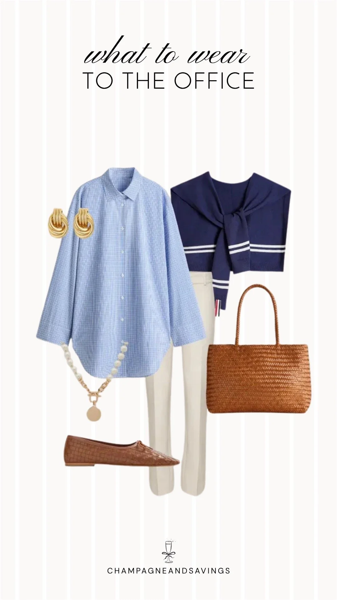Collage of outfit pieces featuring a light blue button down styled with a navy sweater draped over the shoulders for a classic and polished summer office outfit idea for chilly workplaces.