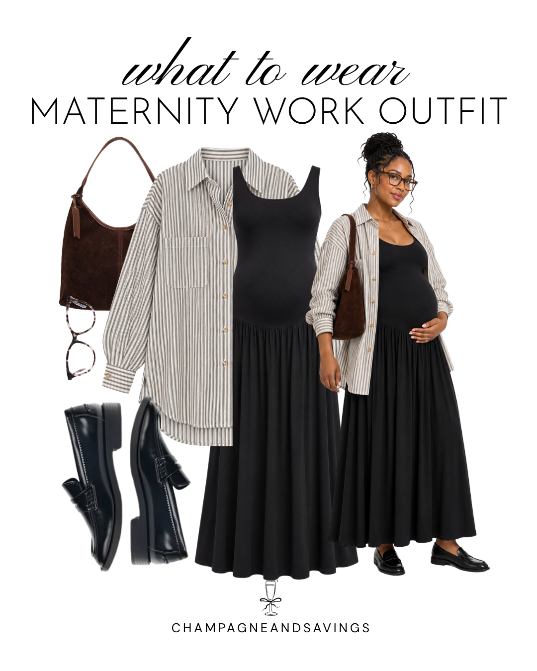 Maternity work outfit idea featuring a black maxi dress paired with an oversized striped shirt, shown in a collage of outfit pieces for a chic, comfortable, and professional pregnancy-friendly look.