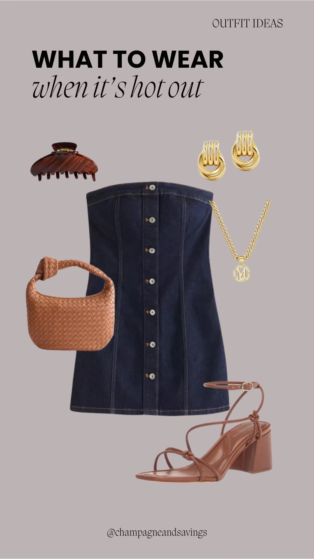 Hot weather outfit collage featuring a strapless denim mini dress styled with block heeled sandals for a chic and effortless summer look