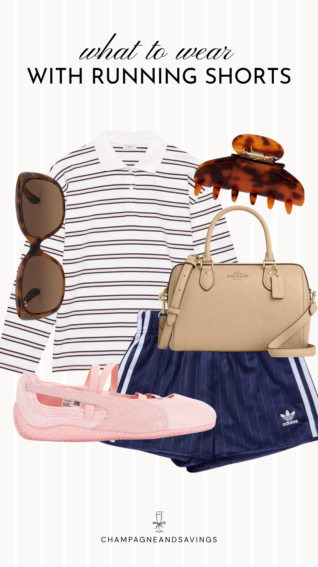 A sporty running shorts outfit featuring athletic running shorts paired with a classic rugby shirt and sneakers, creating a casual, on-trend look that's perfect for everyday wear, travel, or weekend activities.