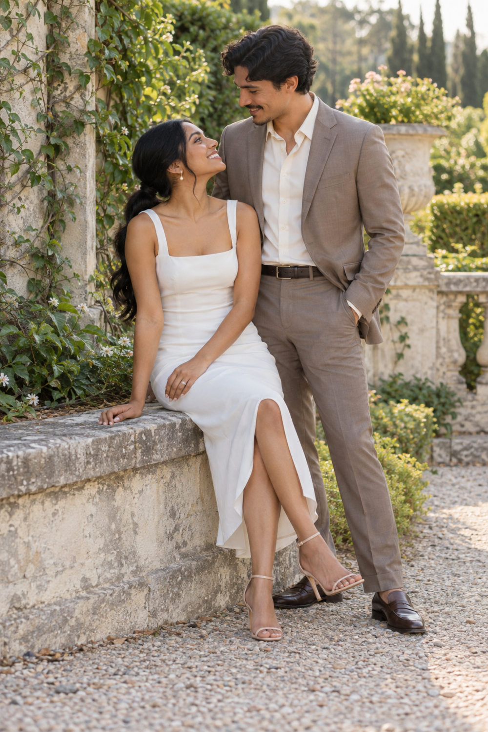 White engagement photo outfit idea featuring a white midi dress and strappy heels.