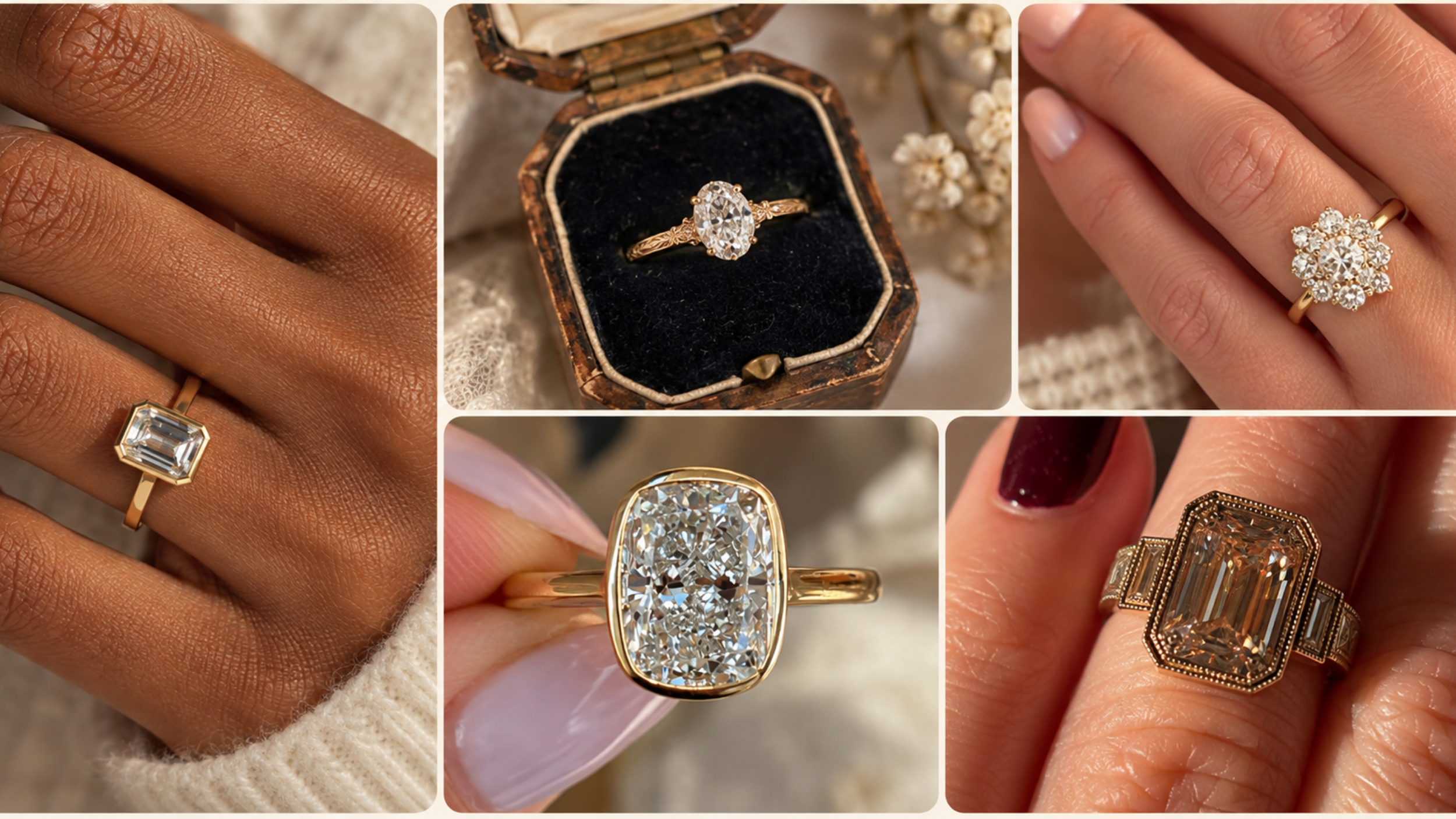 Collage of vintage-inspired engagement rings featuring antique diamond cuts, intricate gold bands, milgrain details, and romantic settings.