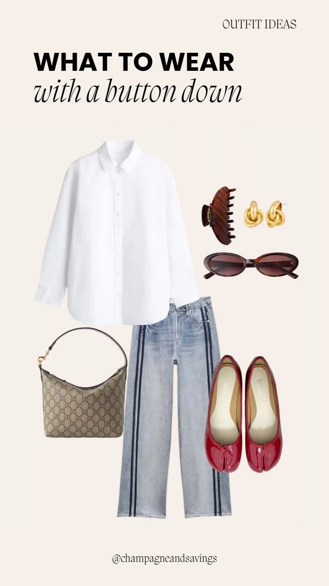 Button down shirt outfit idea featuring jeans styled with a button-down shirt and statement flats, shown in a collage of outfit pieces.
