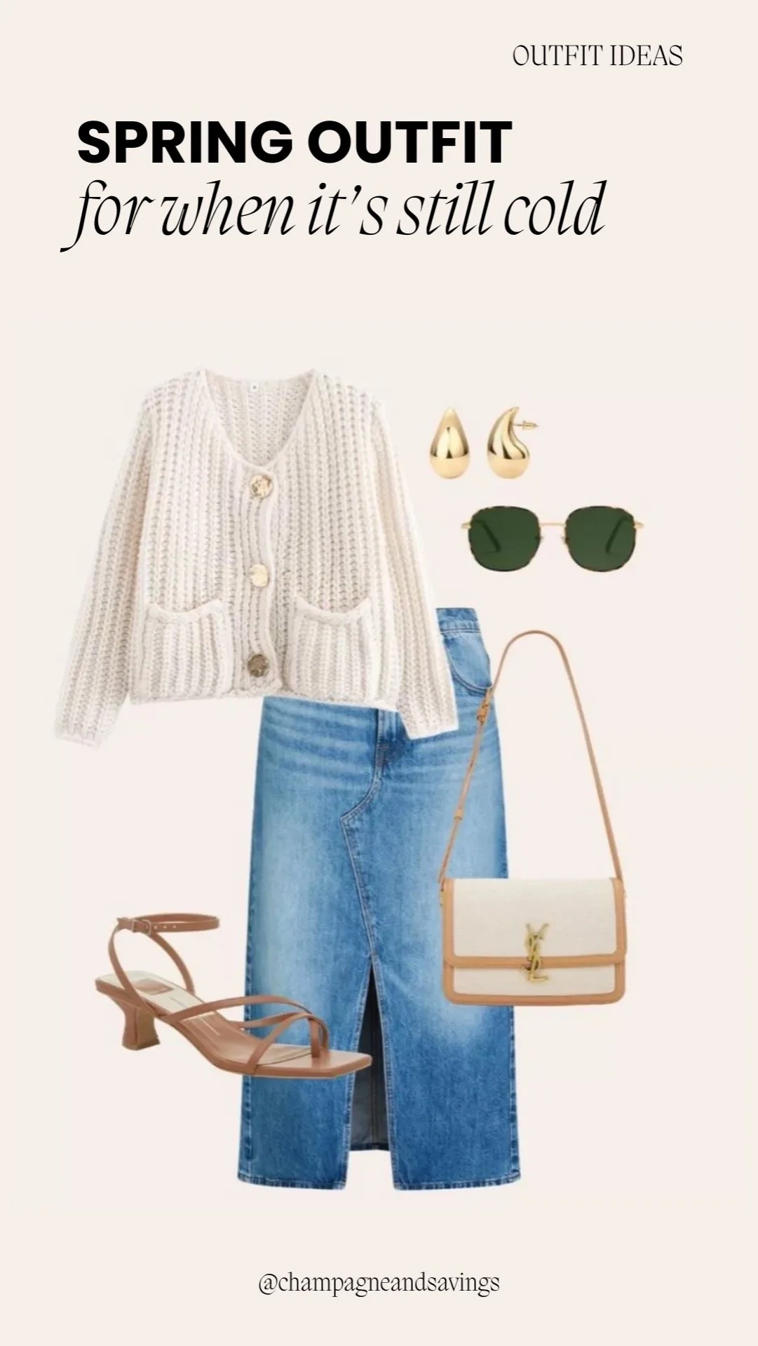 Cardigan outfit styled with a denim midi skirt and casual accessories for a chic spring look.