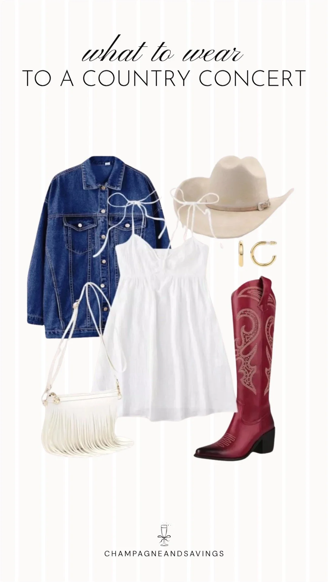 Collage of outfit pieces featuring a babydoll dress styled with an oversized denim jacket and red cowboy boots for a cute and trendy country concert outfit idea.