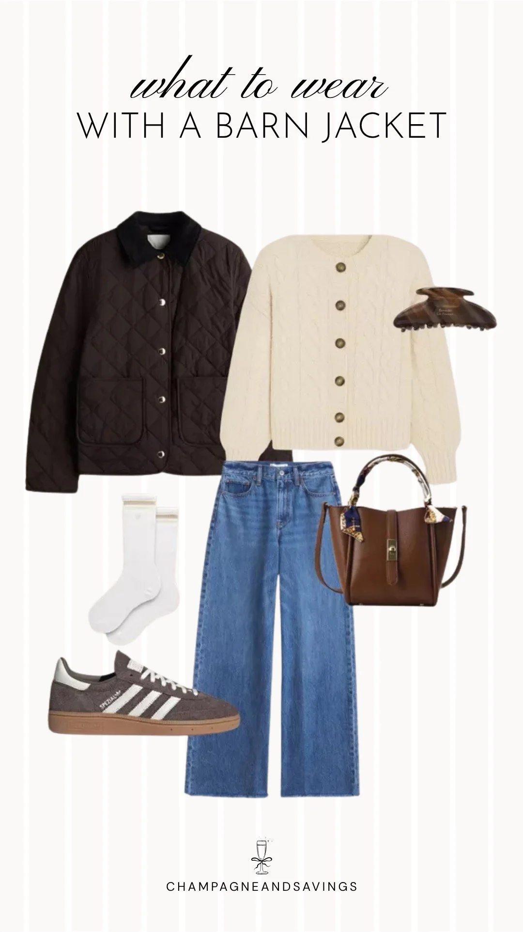 Outfit collage featuring a quilted barn jacket layered over a cardigan and paired with jeans for a cozy and timeless fall outfit.
