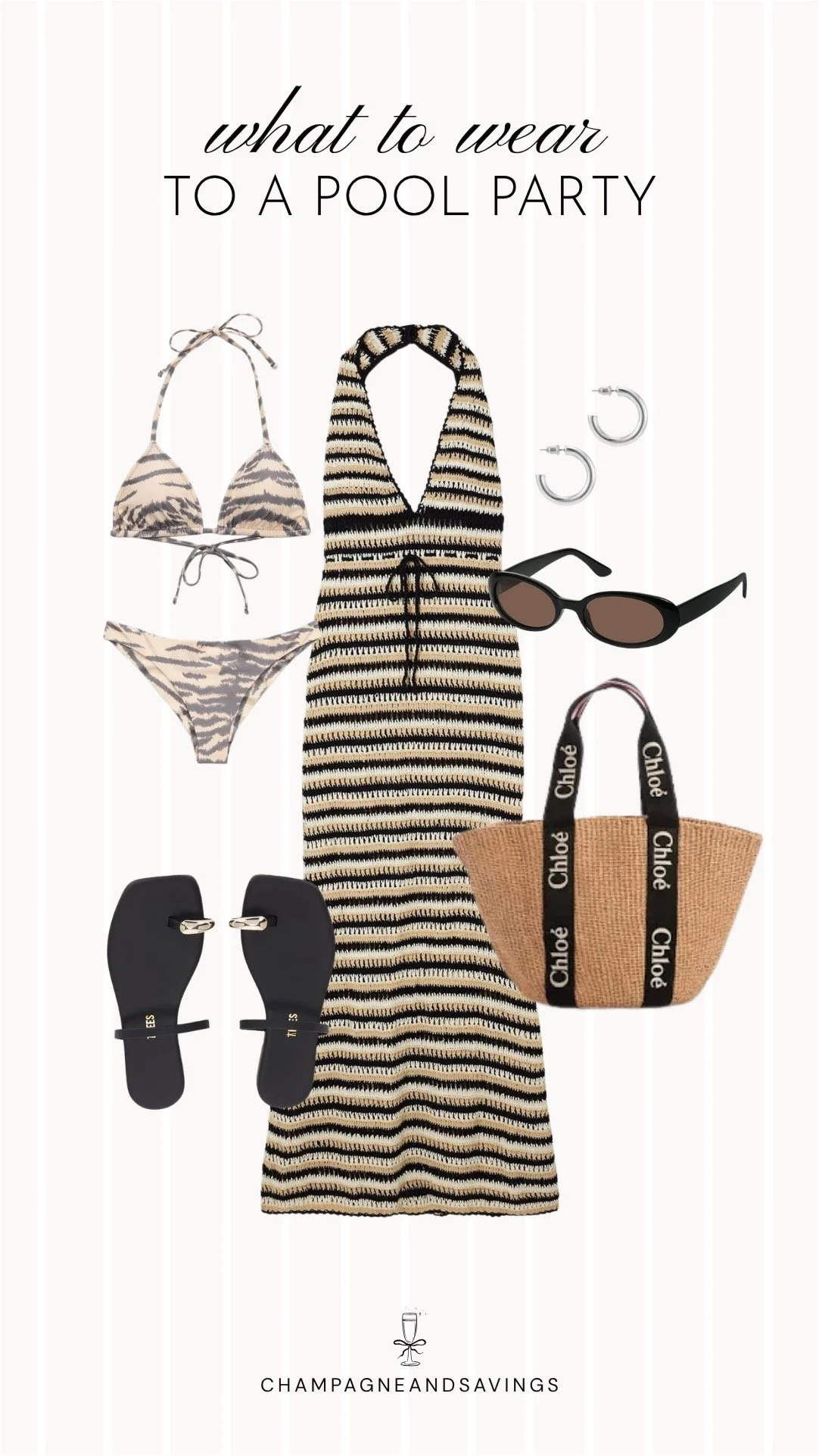 Collage of outfit pieces featuring an animal print bikini styled with a striped crochet dress for a bold and trendy pool party outfit idea.