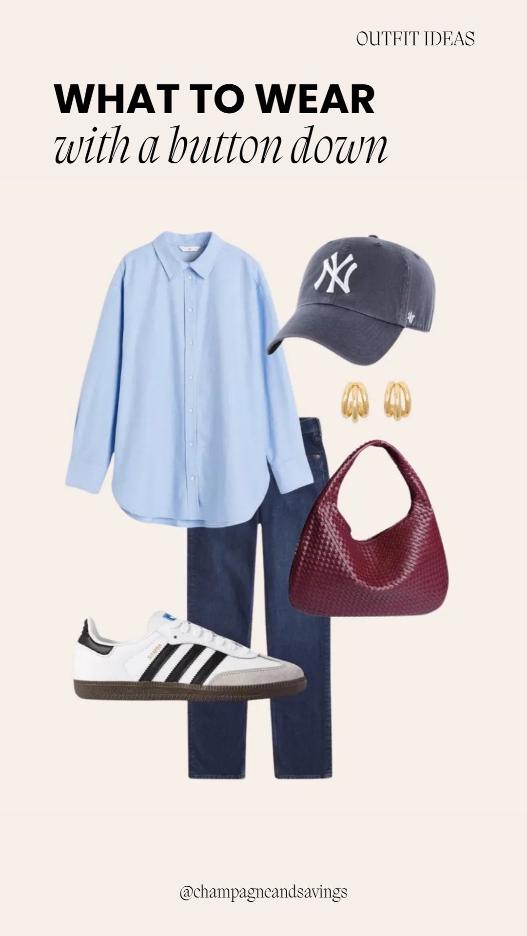 Button down shirt outfit idea featuring jeans styled with a button-down shirt and sneakers, shown in a collage of outfit pieces.