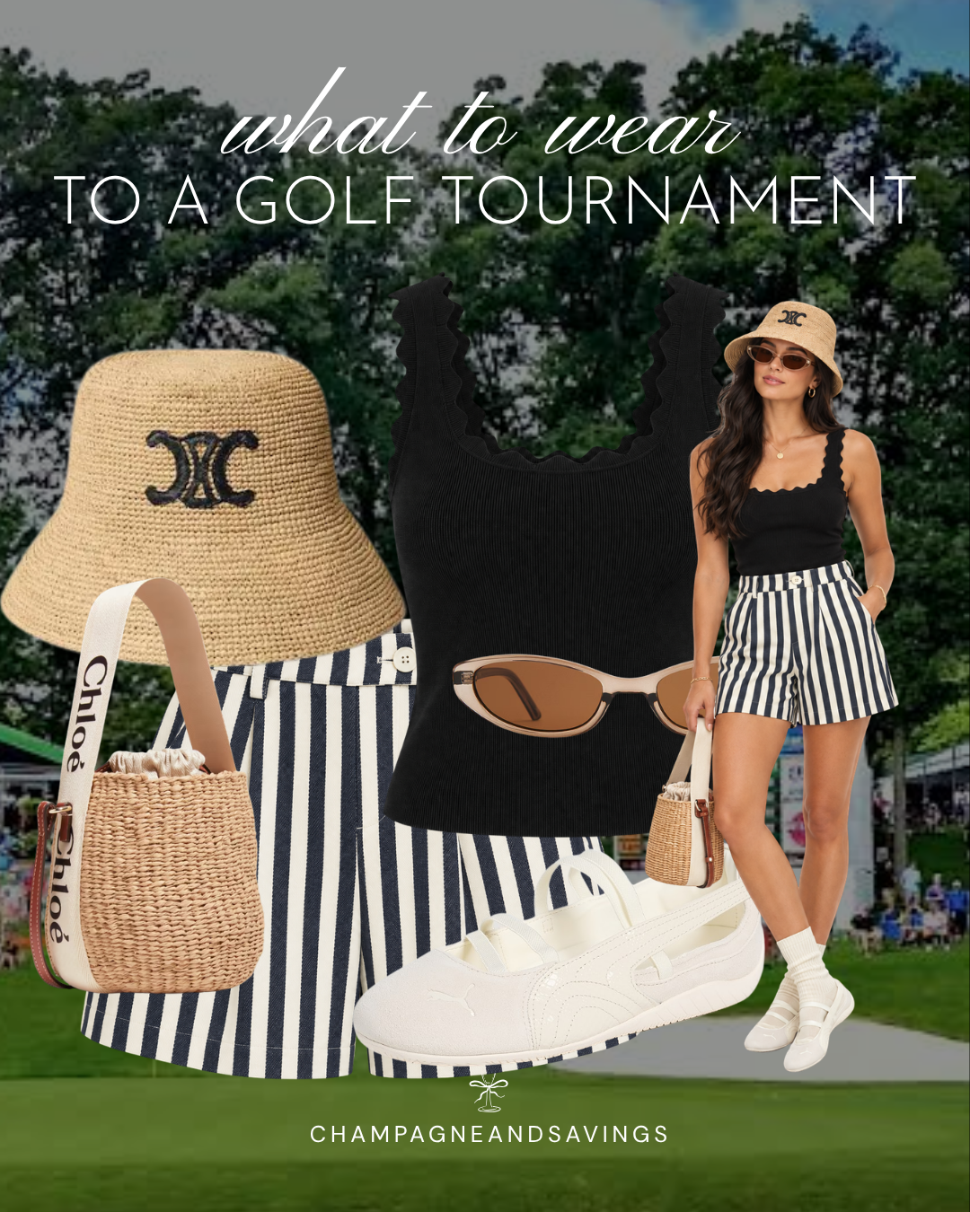 Cute golf tournament spectator outfit idea featuring striped shorts and a black tank, shown in a collage of outfit pieces for a stylish day on the course.