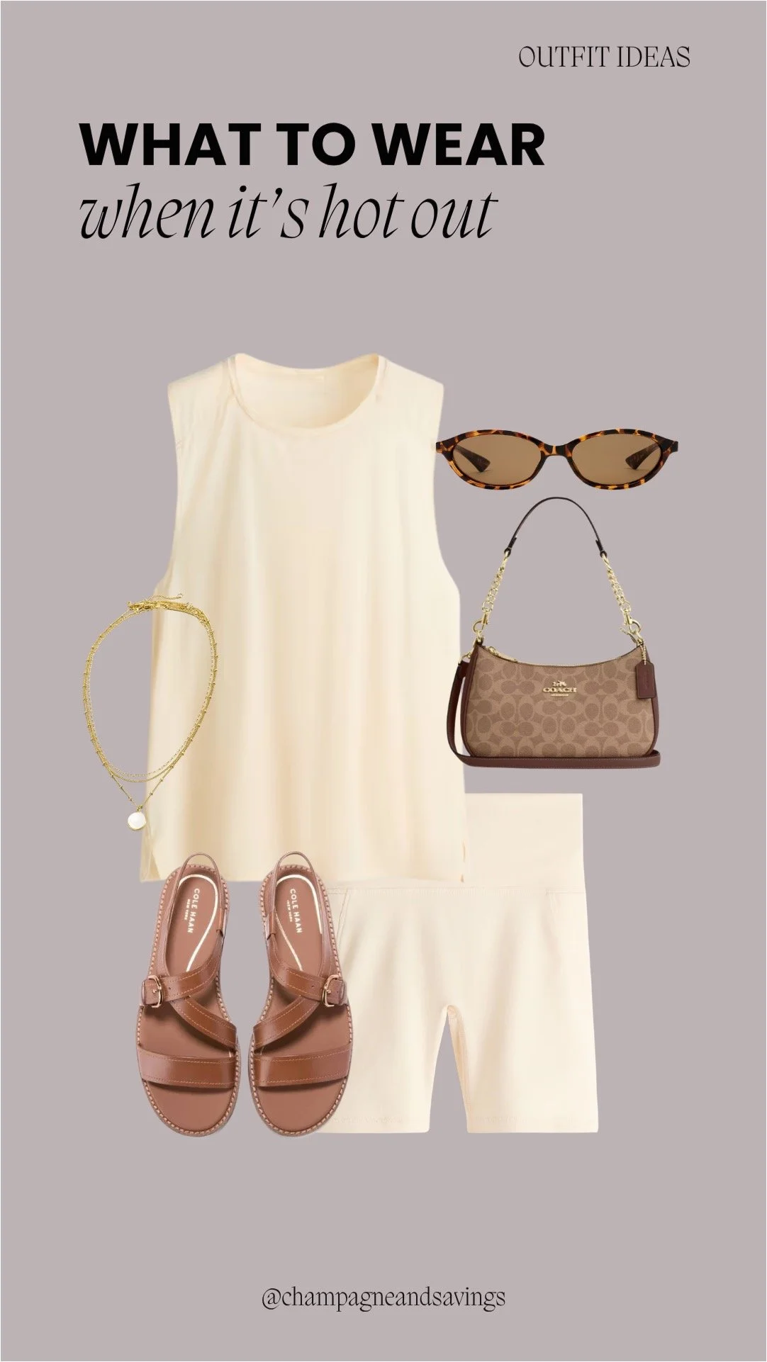 Hot weather outfit collage featuring a cream tank and bike shorts set styled with leather sandals for a casual, effortless summer look