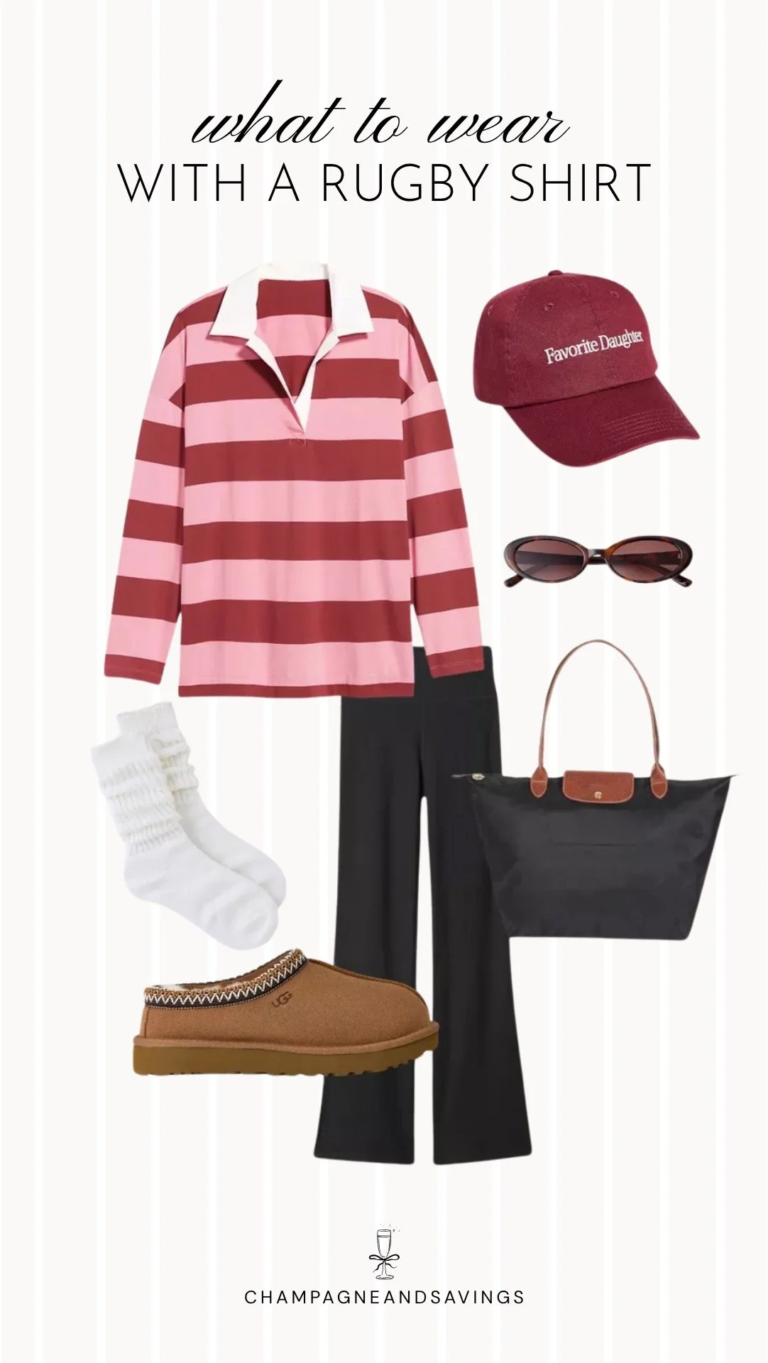 A cozy rugby shirt outfit featuring a relaxed-fit rugby shirt paired with flare leggings and plush slippers for a comfortable yet stylish look that's perfect for lounging at home or casual errands.