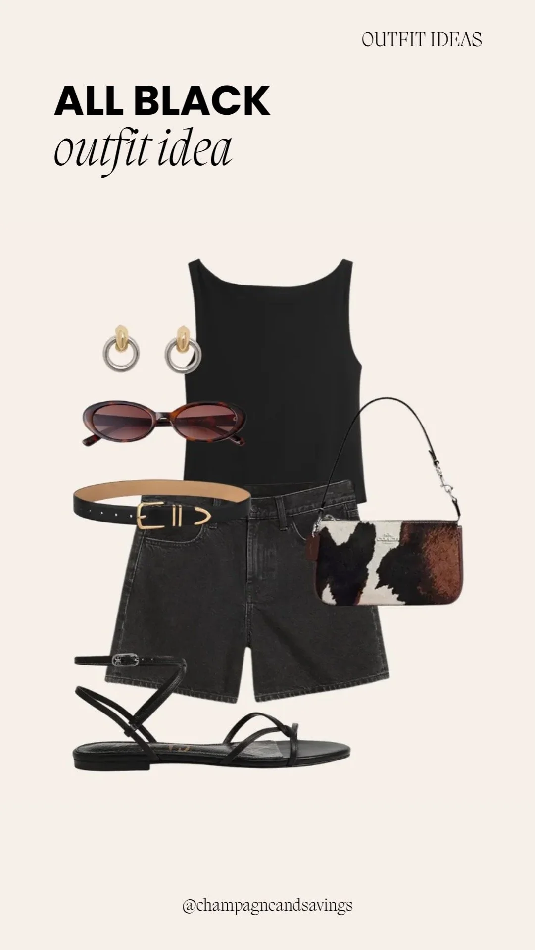 Outfit collage showing a cute and comfy all-black outfit idea with a sleek tank top and black denim shorts.