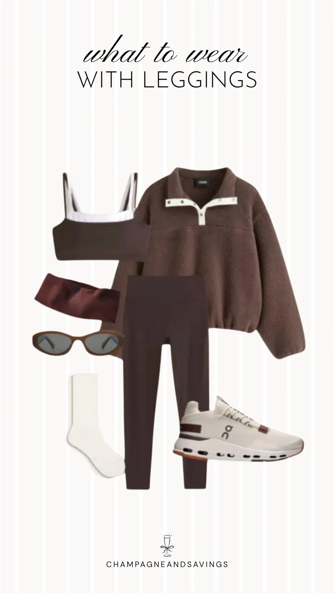 Collage of outfit pieces featuring black leggings styled with a cozy fleece pullover and a matching sports bra for an athletic and comfortable fall outfit.
