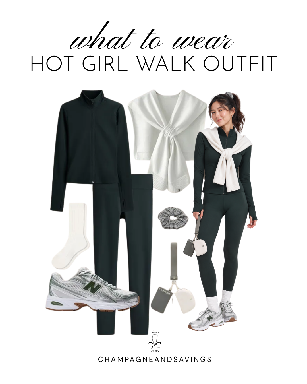 Hot girl walk outfit idea featuring a matching zip-up jacket and leggings, shown in a collage of outfit pieces for a cute and sporty walking outfit.