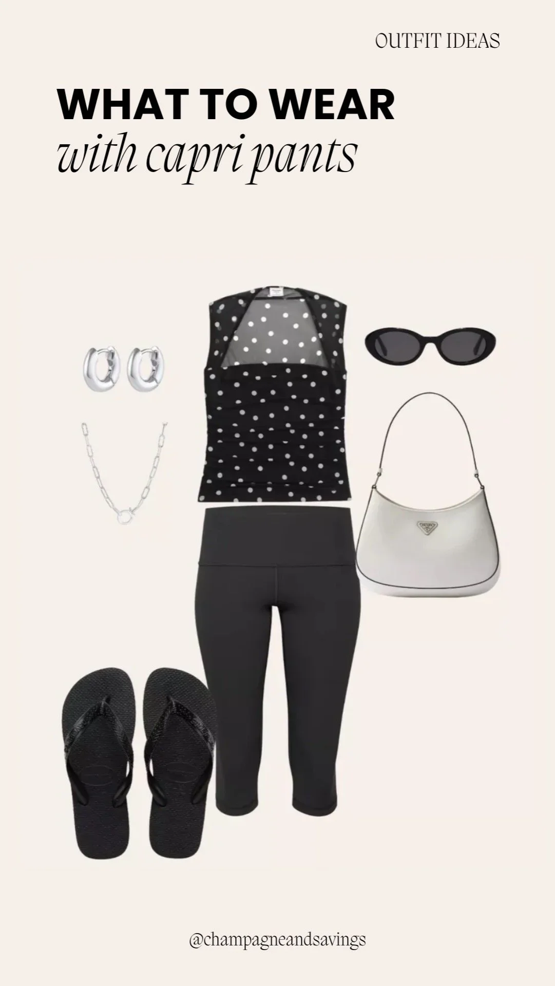 Collage of outfit pieces for a “Polka Dot Tank and Sporty Slides” capri pants look, featuring capri pants paired with a polka dot tank top and sporty slides, styled in a casual playful aesthetic.