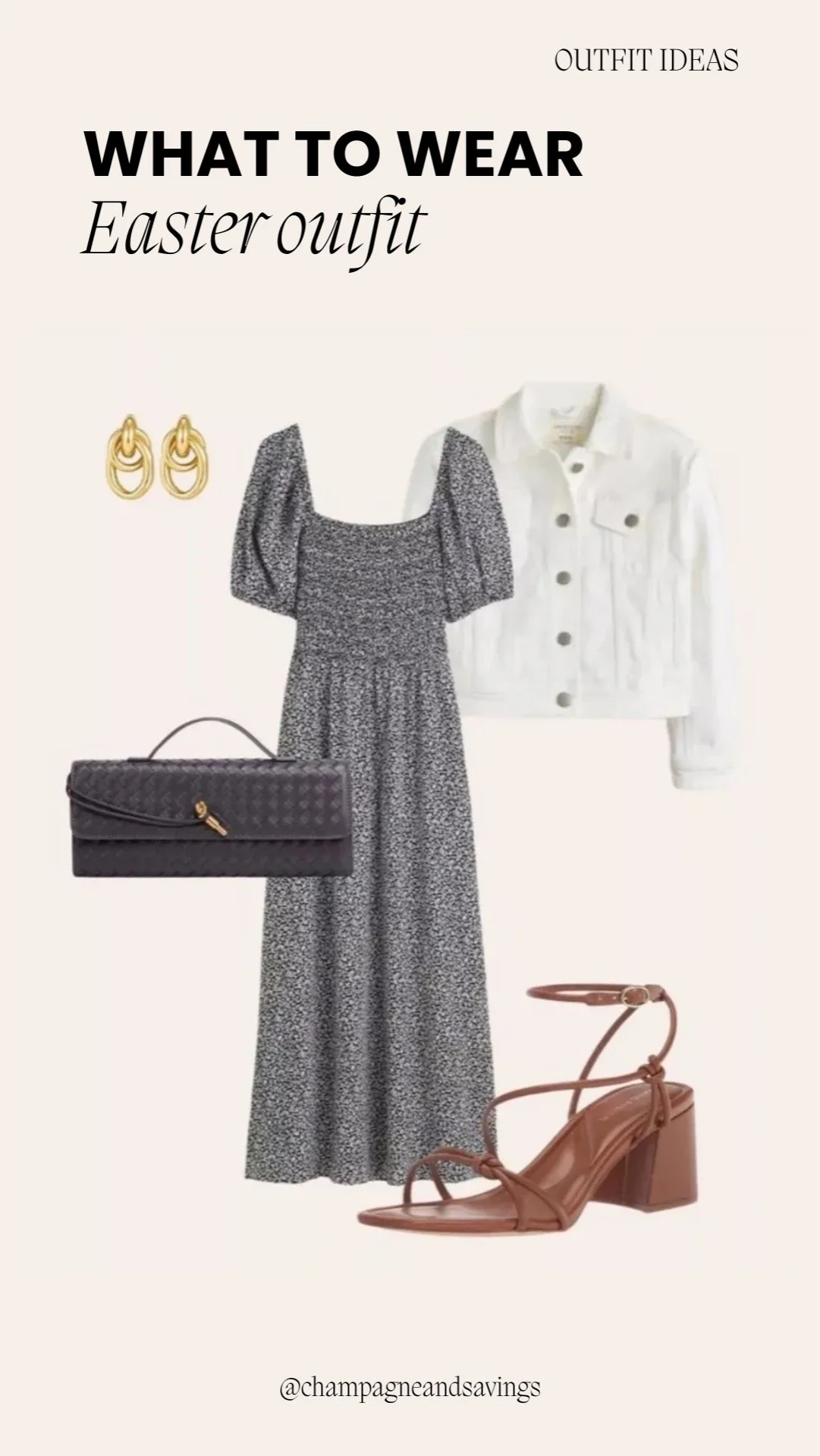 Easter outfit ideas collage showing a floral dress paired with a denim jacket and coordinating accessories.