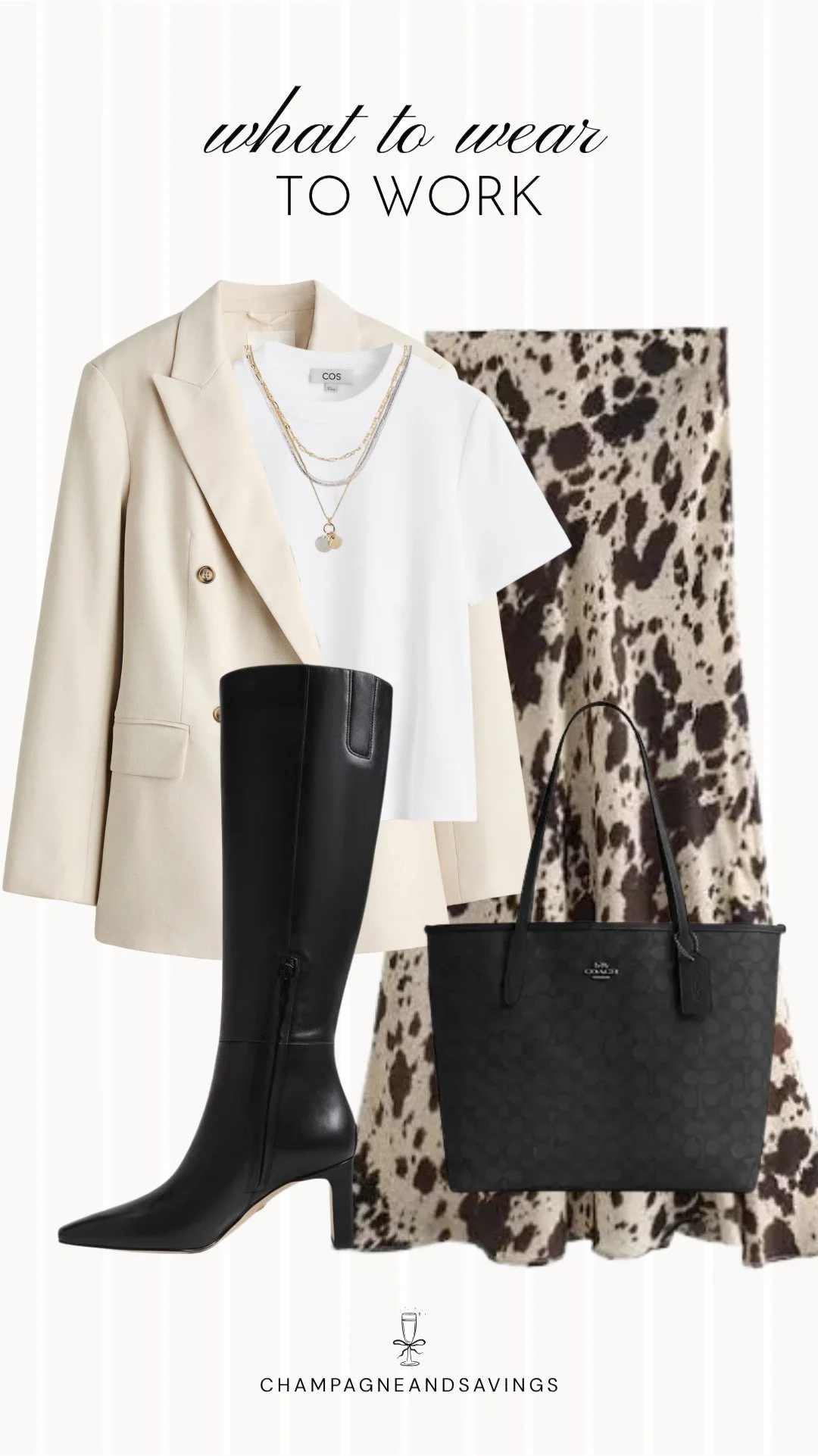Edgy work outfit collage featuring an oversized blazer paired with an animal print midi skirt and knee-high boots, styled for a bold yet professional office look with modern statement pieces.