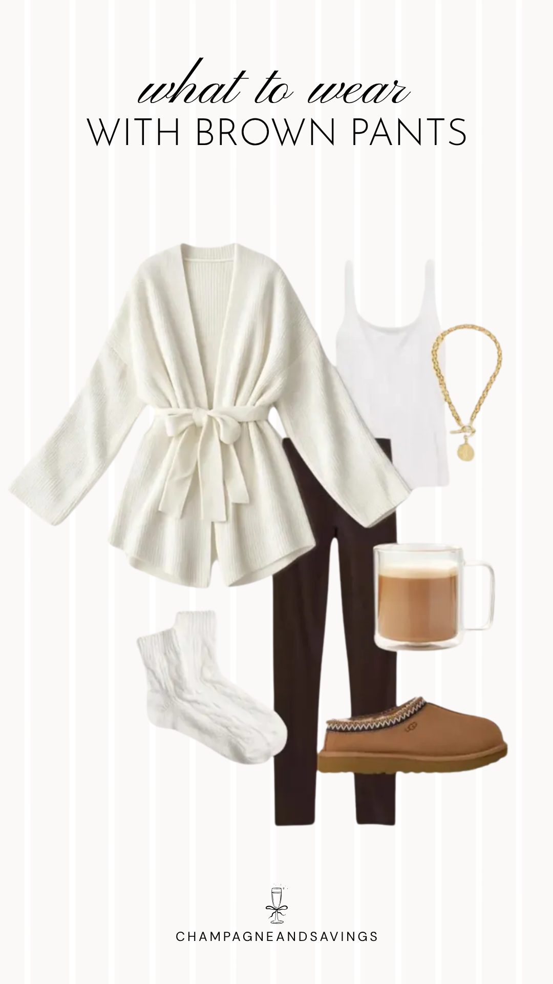 Brown pants outfit idea collage featuring a cozy wrap cardigan styled with brown leggings for a comfortable, put-together everyday look.