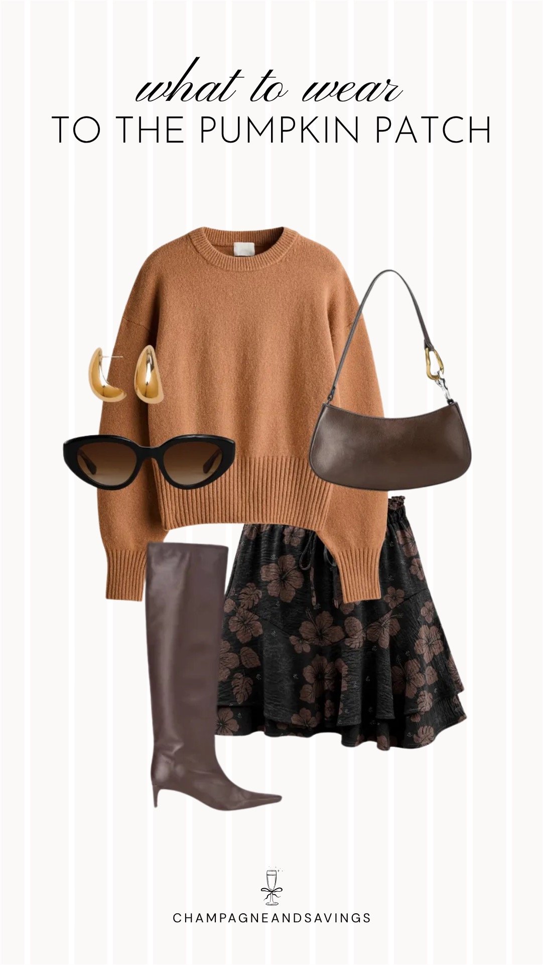 Collage of outfit pieces featuring a camel sweater styled with a floral mini skirt and tall boots for a feminine pumpkin patch outfit idea with a cozy fall aesthetic.