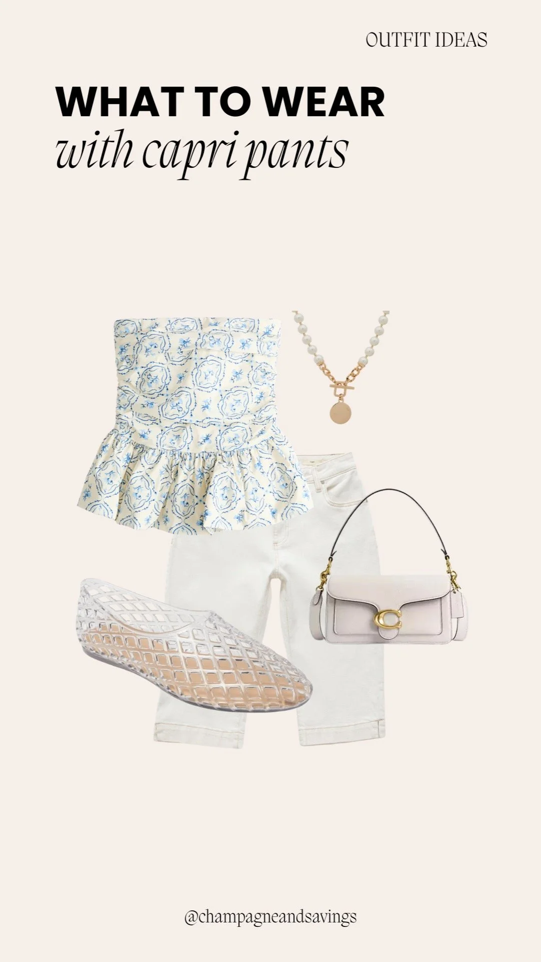 Collage of outfit pieces for a “Soft Blue Peplum and Cream Capris” capri pants look, featuring capri pants paired with a soft blue peplum top and cream tones, styled in a feminine polished aesthetic.