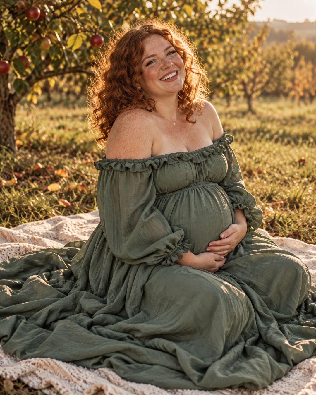 Olive green maternity gown in orchard