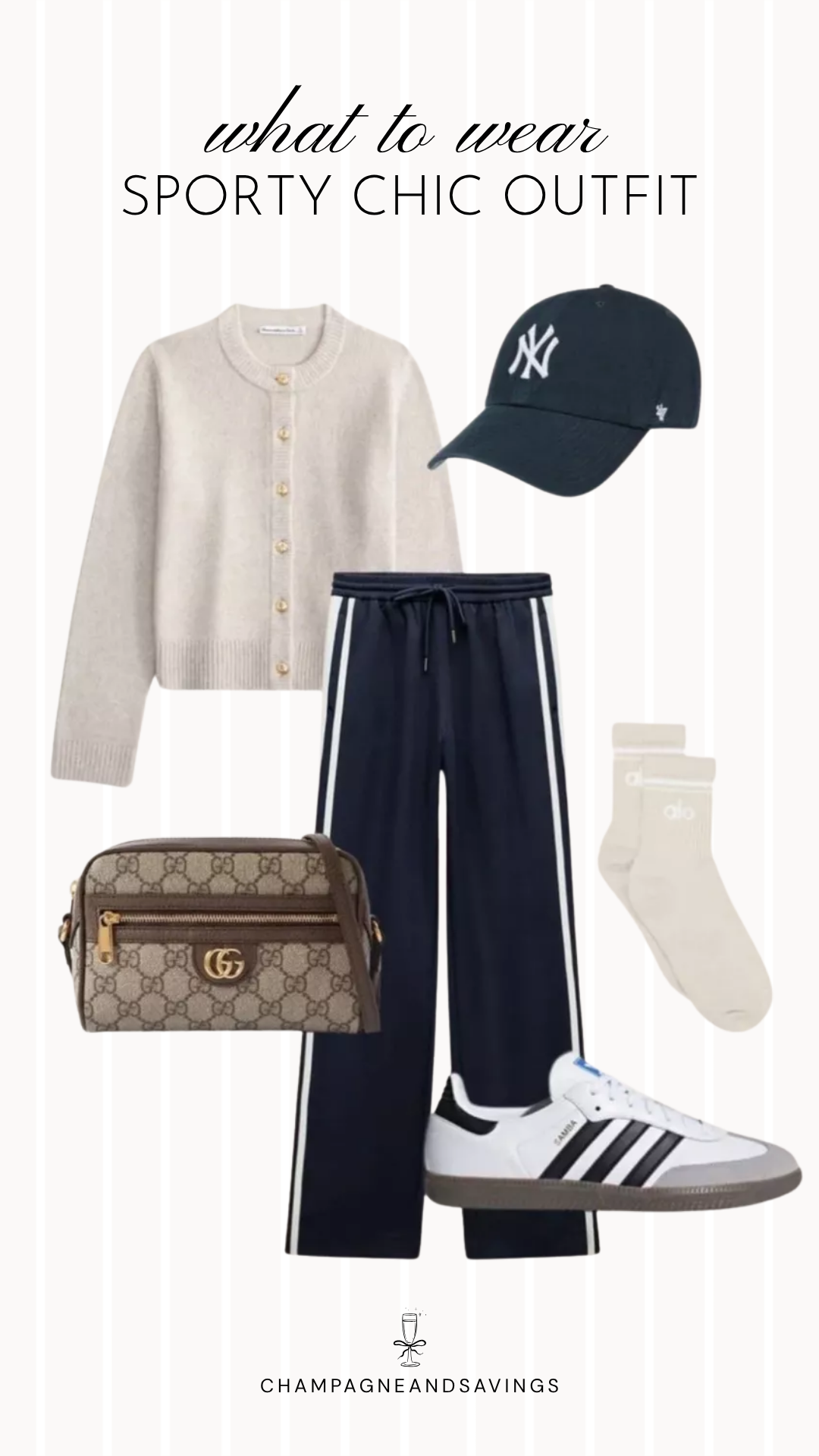 Collage of sporty chic outfit pieces featuring side stripe track pants paired with a button cardigan and sneakers for an elevated athleisure-inspired outfit.