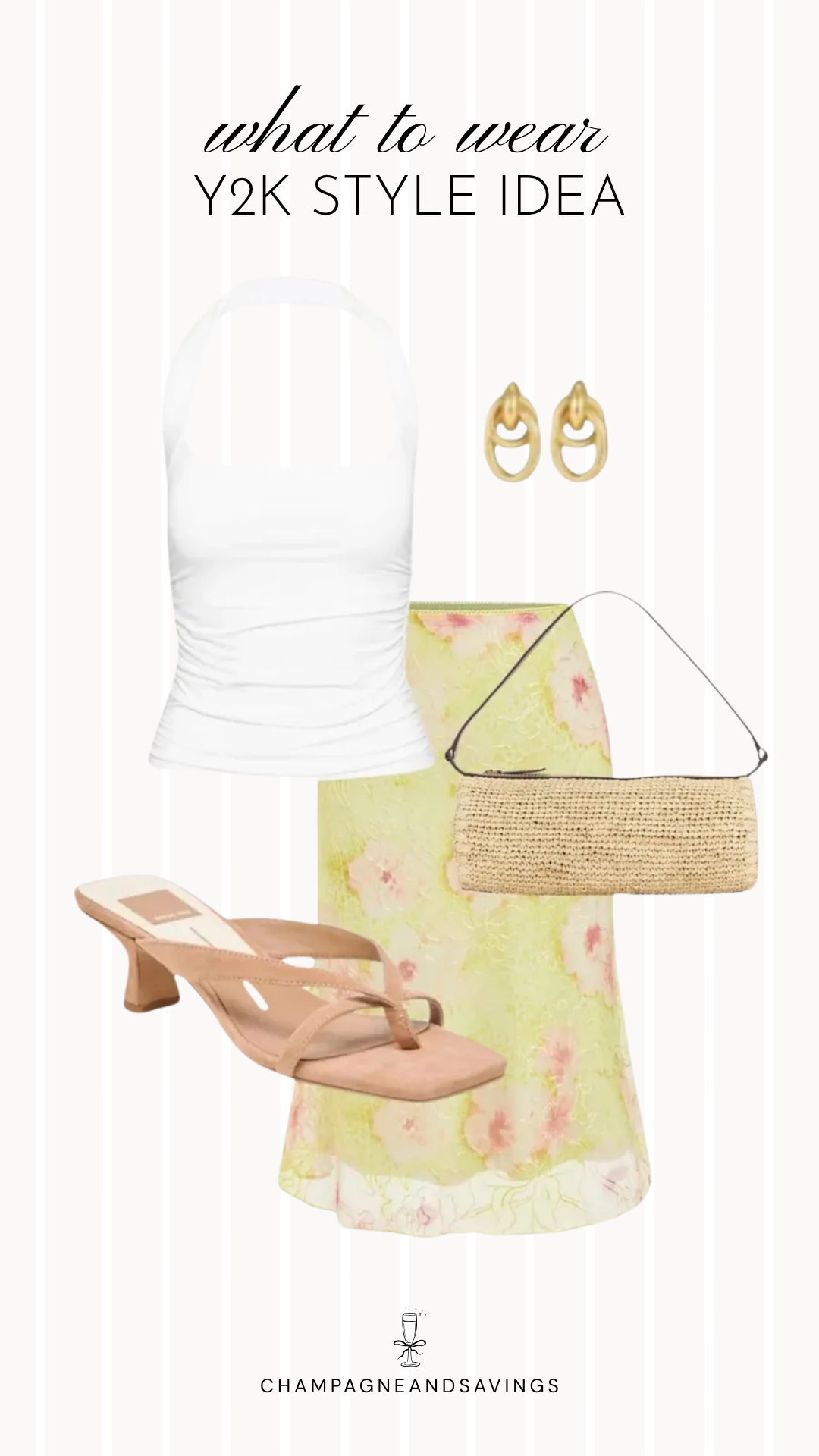 Y2K outfit idea collage featuring a halter top with a floral skirt for a trendy 2026 look.