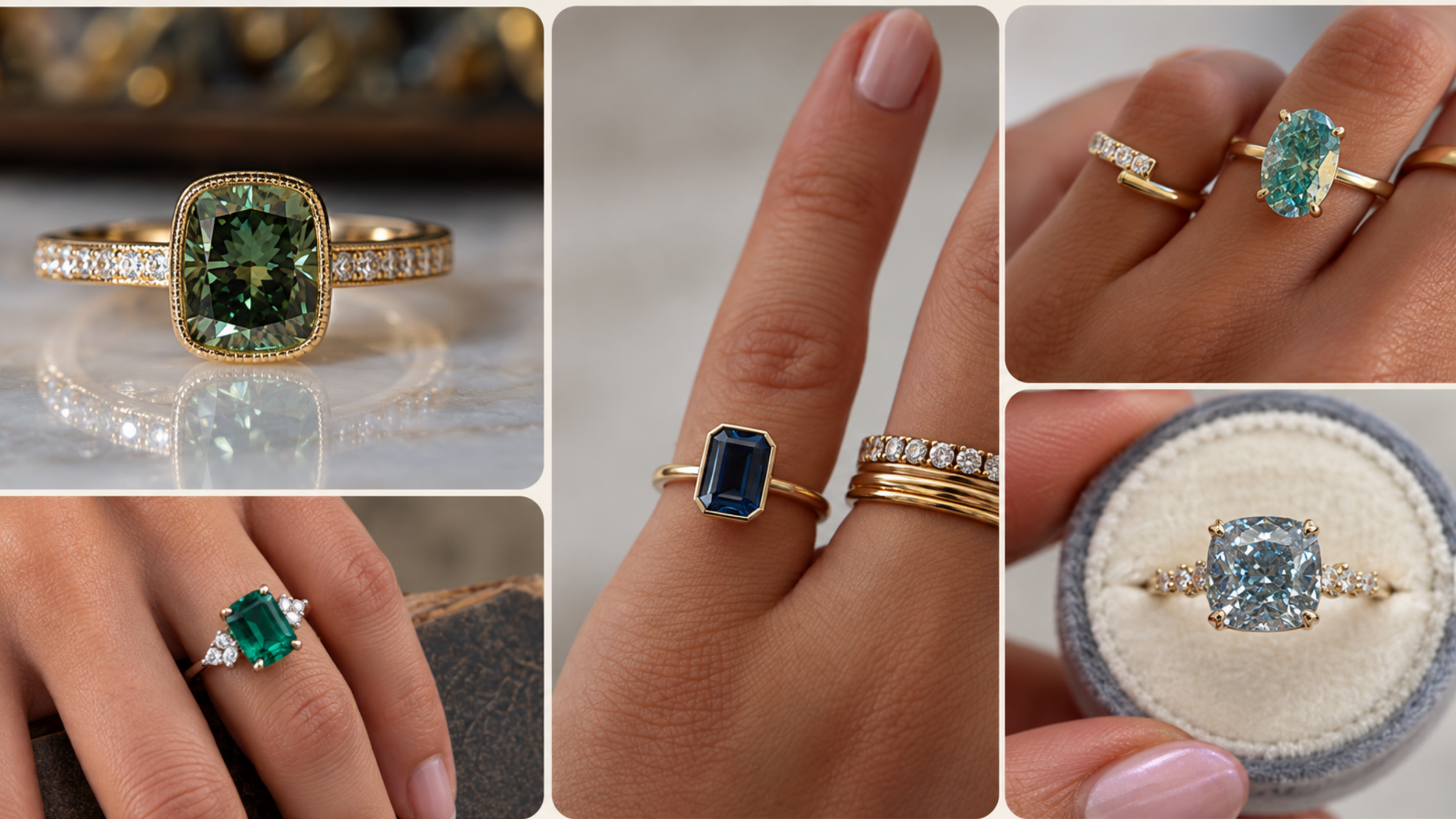 Collage of unique engagement rings featuring blue sapphires, green emeralds, champagne diamonds, and yellow diamond center stones.
