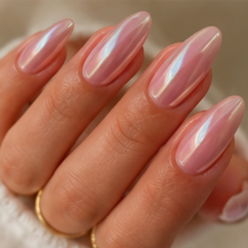 Pink manicure idea featuring opal pearl chrome.