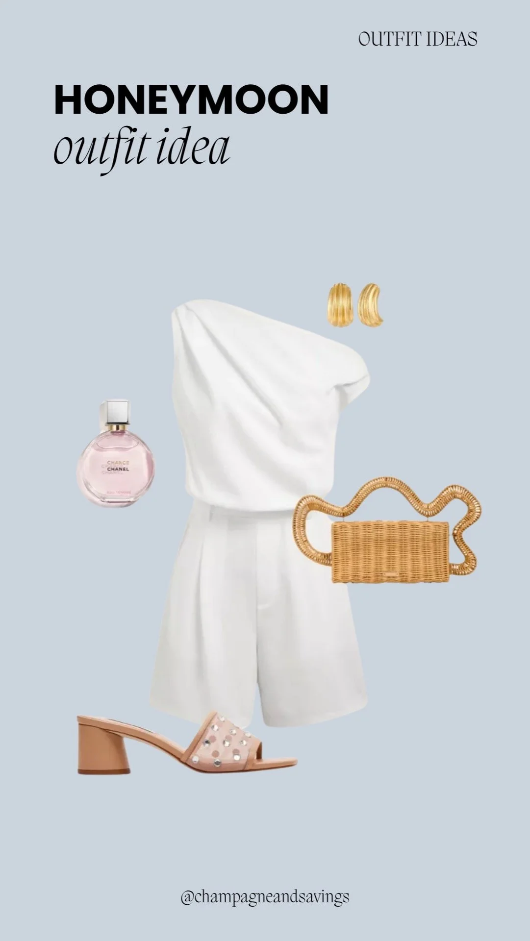 Honeymoon outfit idea collage featuring a white one-shoulder romper styled with chic accessories for a playful and stylish bridal vacation look.