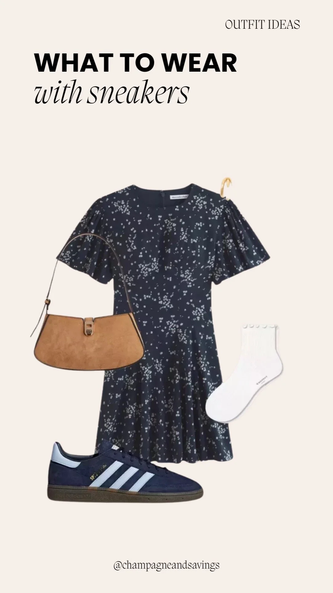 Collage showing a navy floral dress paired with blue sneakers for a playful, casual look.