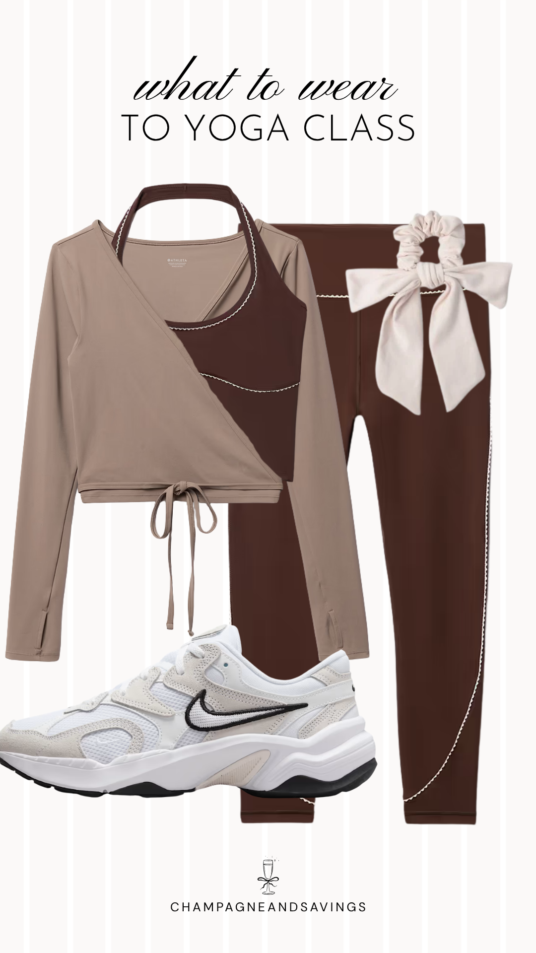 Collage of yoga outfit pieces featuring a taupe wrap top layered over a brown halter sports bra with matching leggings, creating a neutral and stylish look for yoga, pilates, or everyday athleisure wear.
