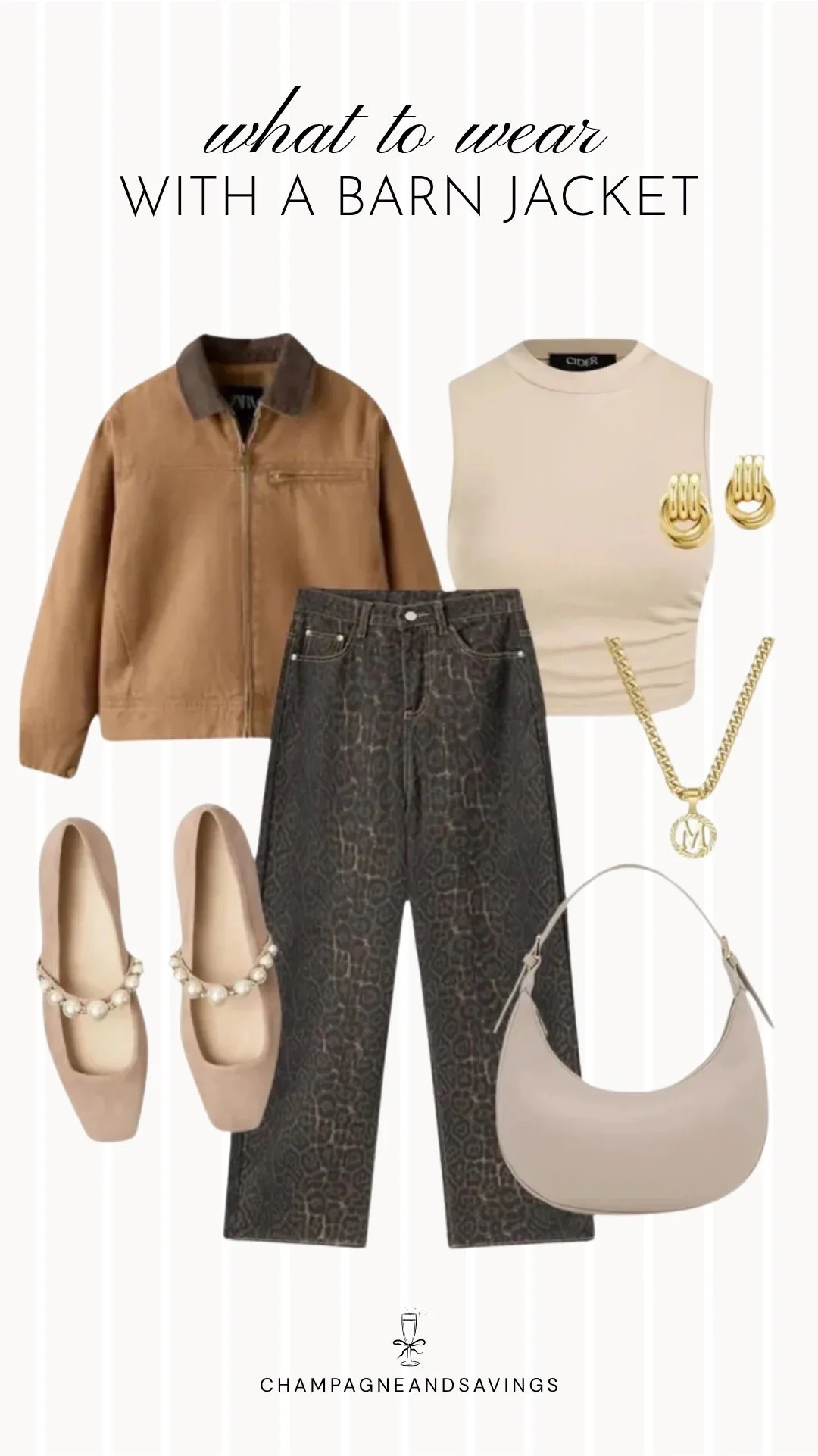 Outfit collage featuring a barn jacket styled with leopard print jeans and Mary Janes for a fun fall outfit that mixes classic and trendy pieces.