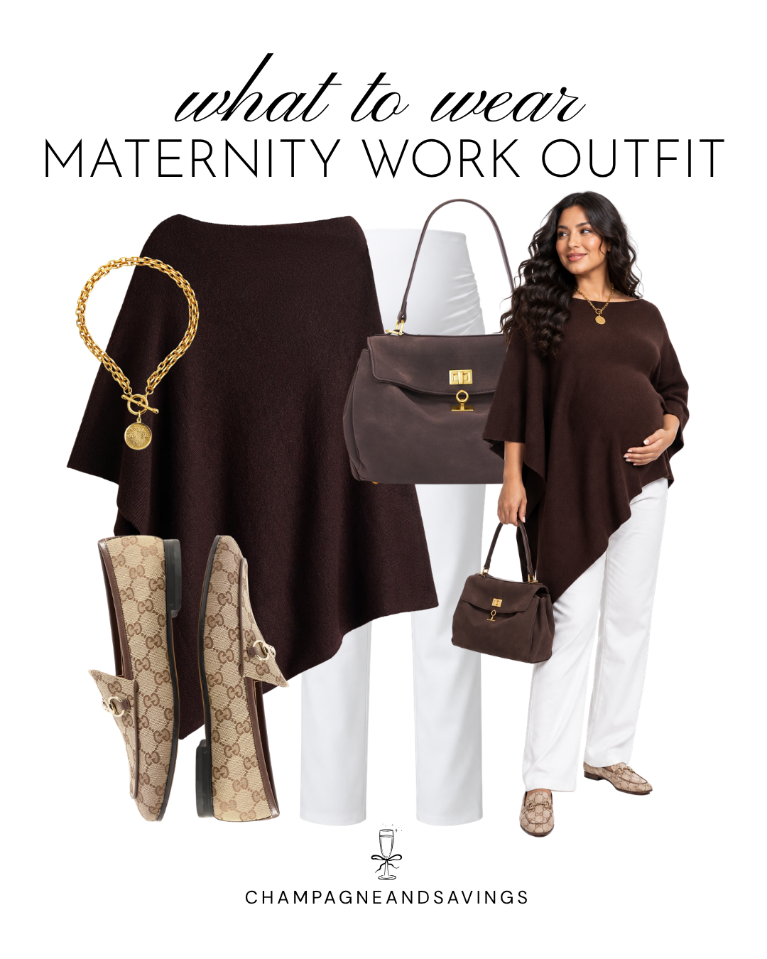 Maternity work outfit idea featuring white maternity pants paired with a brown sweater, shown in a collage of outfit pieces for a chic, comfortable, and professional pregnancy-friendly look.