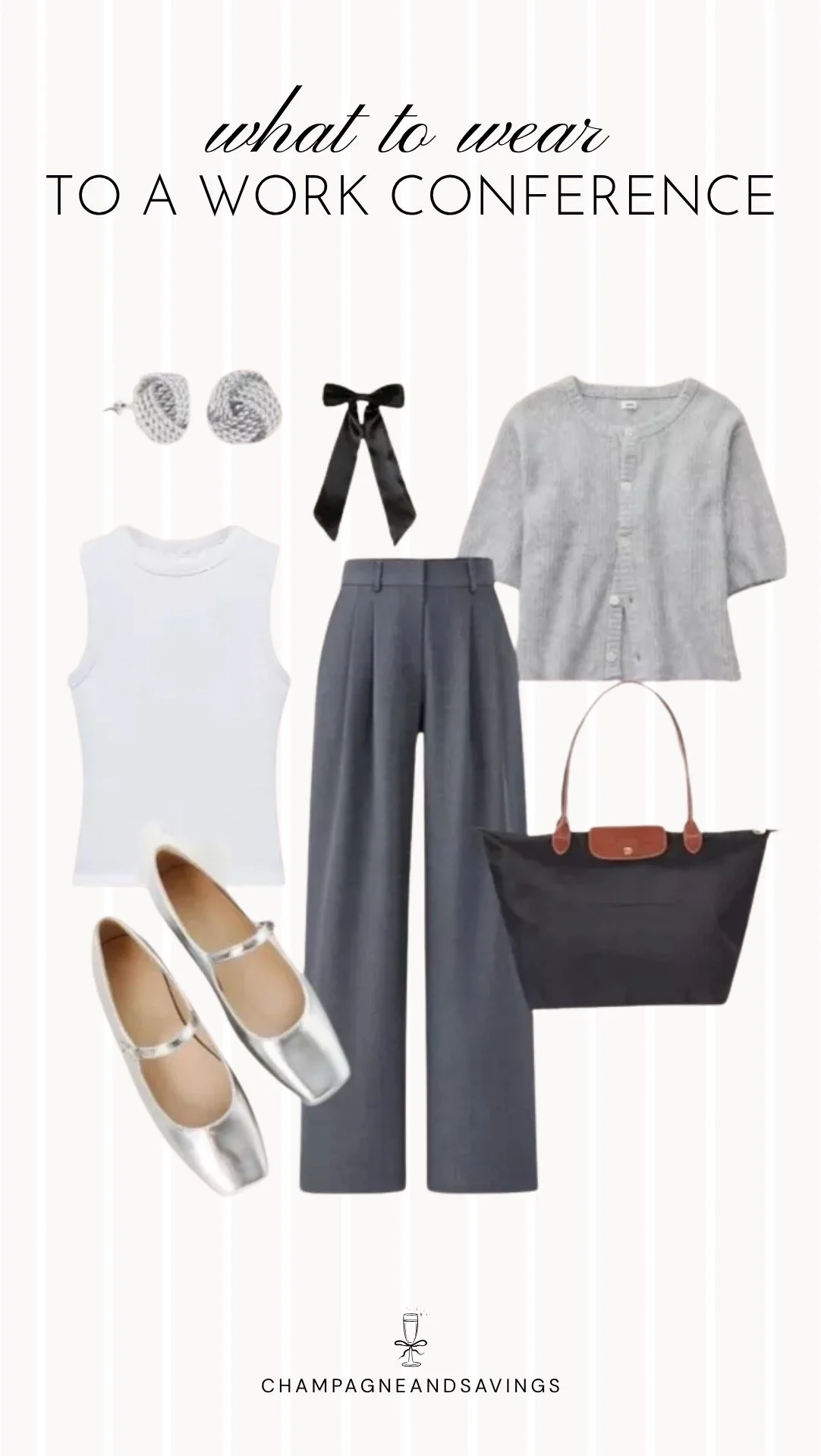 Collage of work conference outfit pieces featuring grey trousers, a matching cardigan, and silver flats for a polished, coordinated, and professional conference outfit.