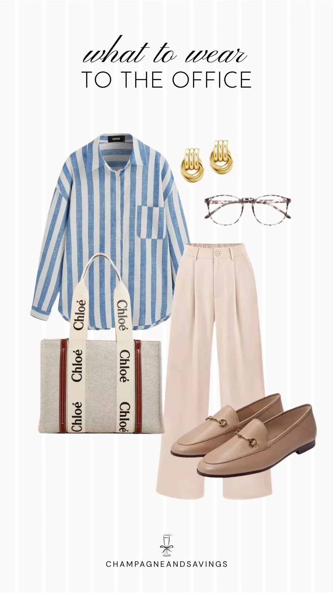Collage of outfit pieces featuring a striped button down styled with wide leg trousers for a classic and effortless summer office outfit idea for chilly workplaces.