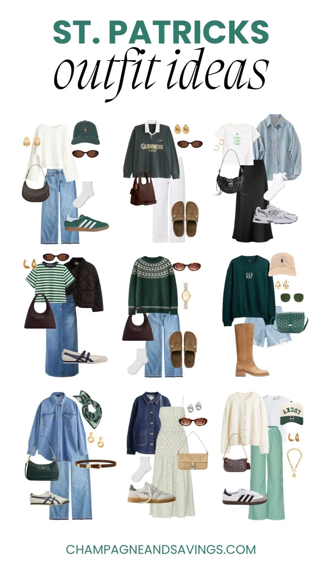 Collage of St. Patrick’s Day outfit ideas featuring green clothing, casual looks, and festive accessories.