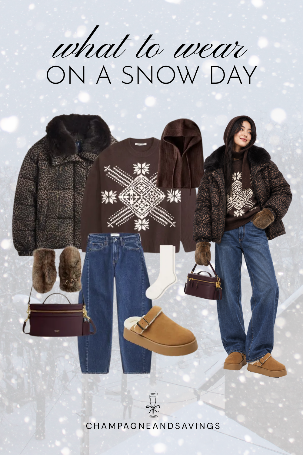 Trendy snow day outfit idea featuring a leopard puffer jacket, Fair Isle sweater, jeans, and winter accessories, shown in a collage of outfit pieces.
