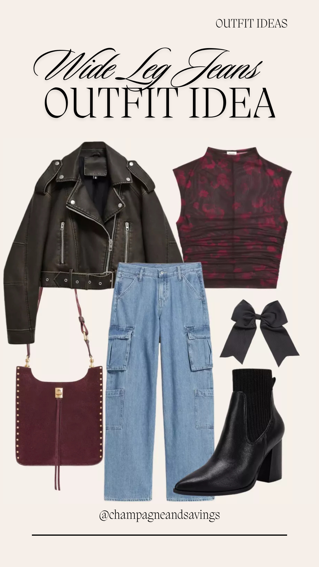 wide leg jeans outfit with leather jacket and red crop top