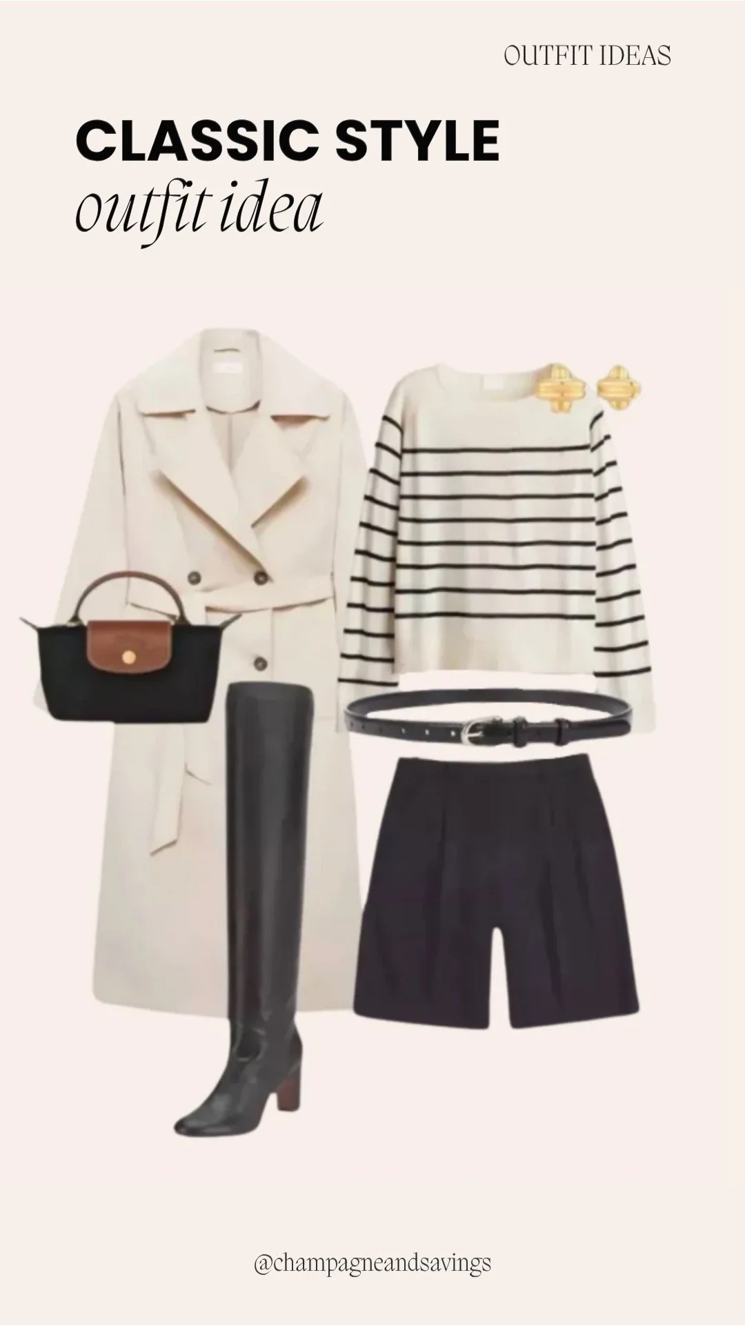 Image of a classic outfit collage featuring a cream trench coat layered over a striped sweater with black shorts and knee high boots styled together with coordinating accessories arranged as outfit pieces