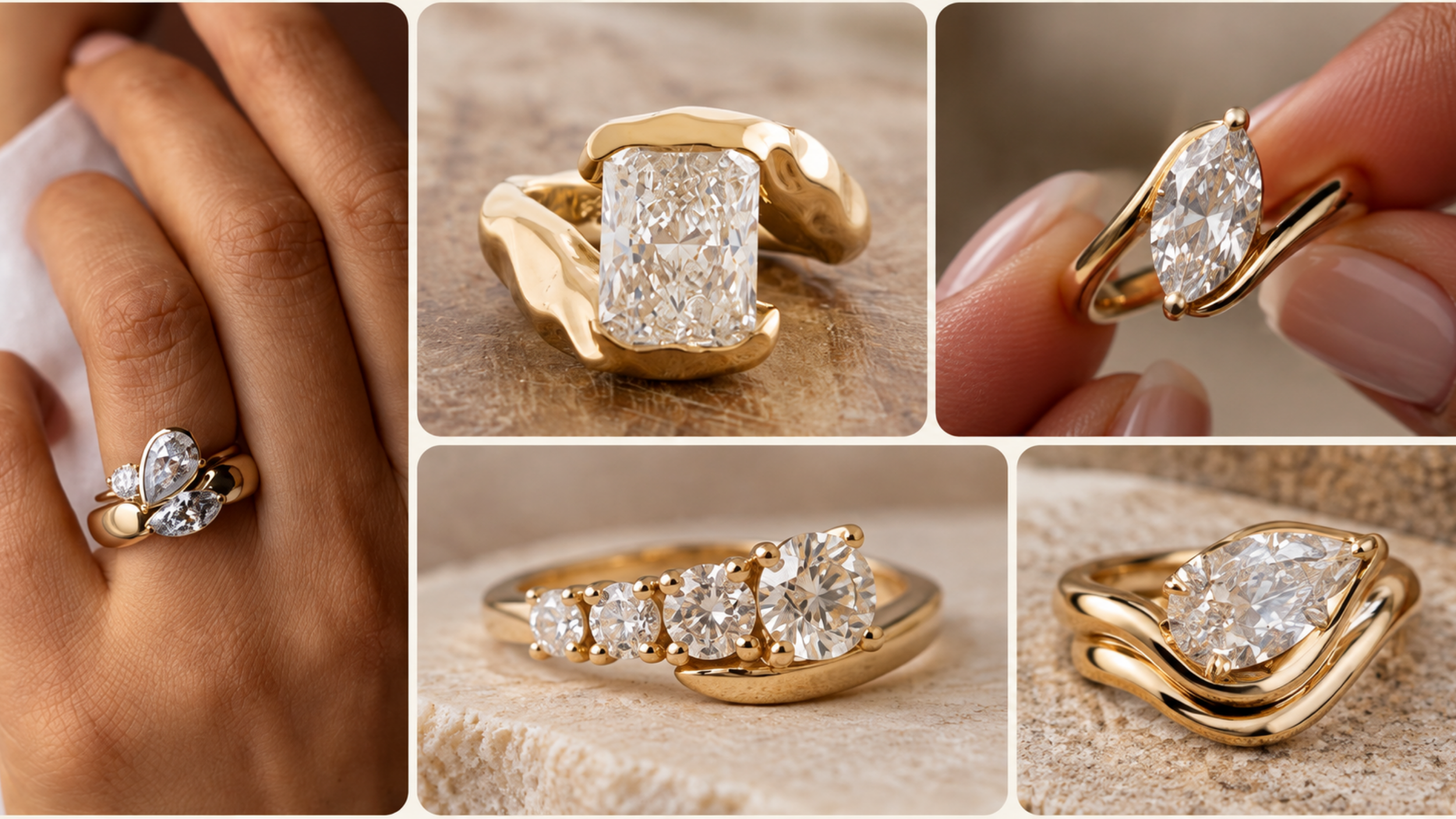 Collage of modern sculptural engagement rings featuring curved gold bands, asymmetrical diamond settings, and artistic designs.