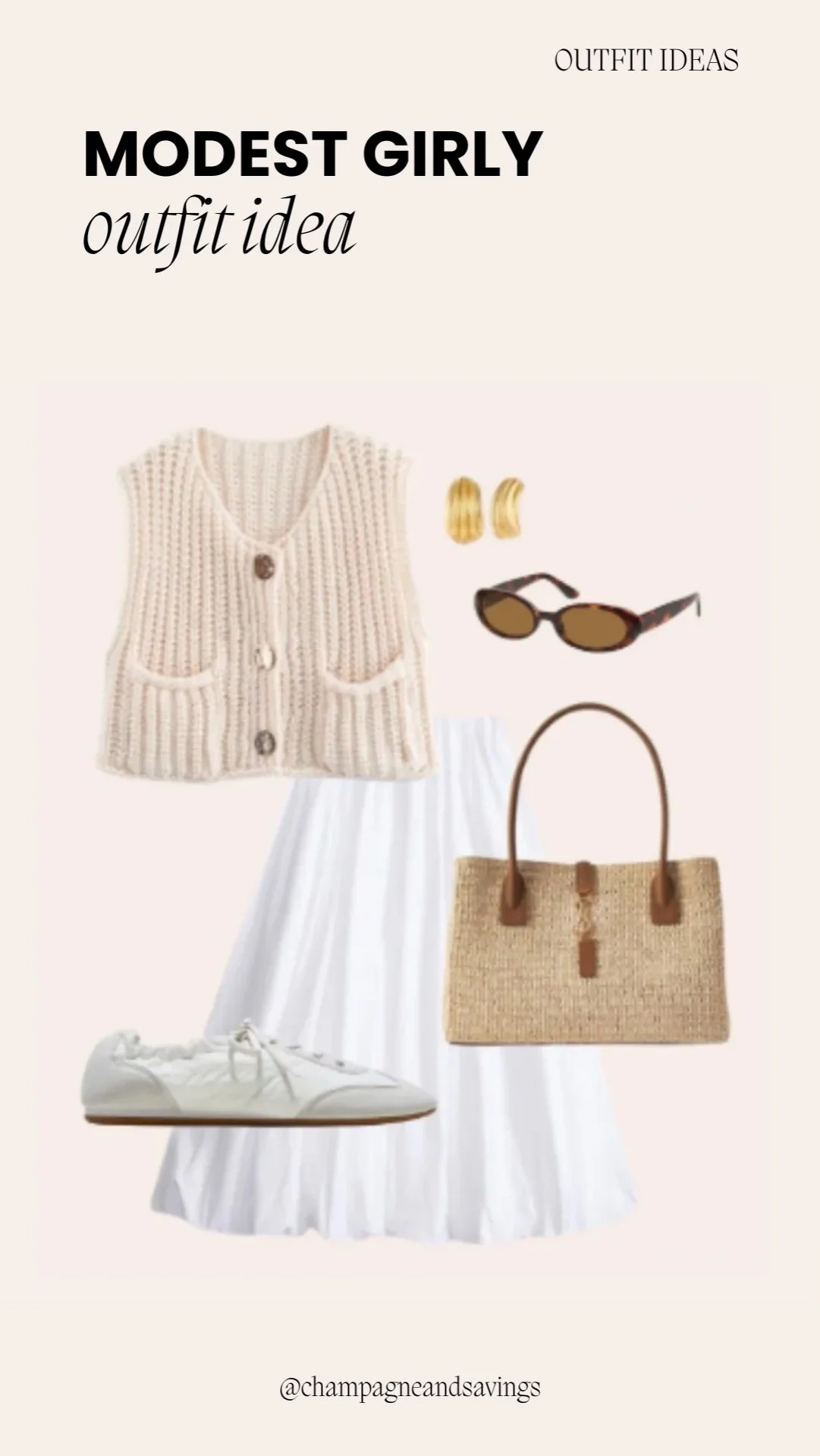 Modest girly outfit idea featuring a knit vest paired with a white midi skirt, styled together as coordinated outfit pieces.