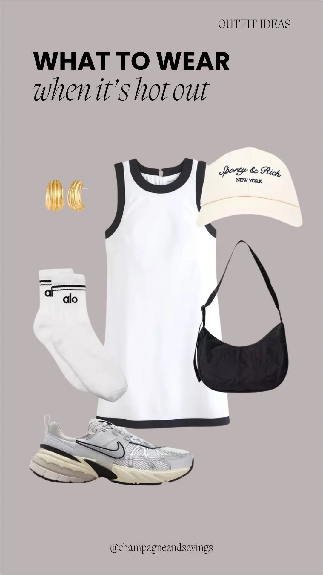 Hot weather outfit collage featuring a sporty tank dress styled with casual sneakers and a dad hat for an easy, laid-back summer look