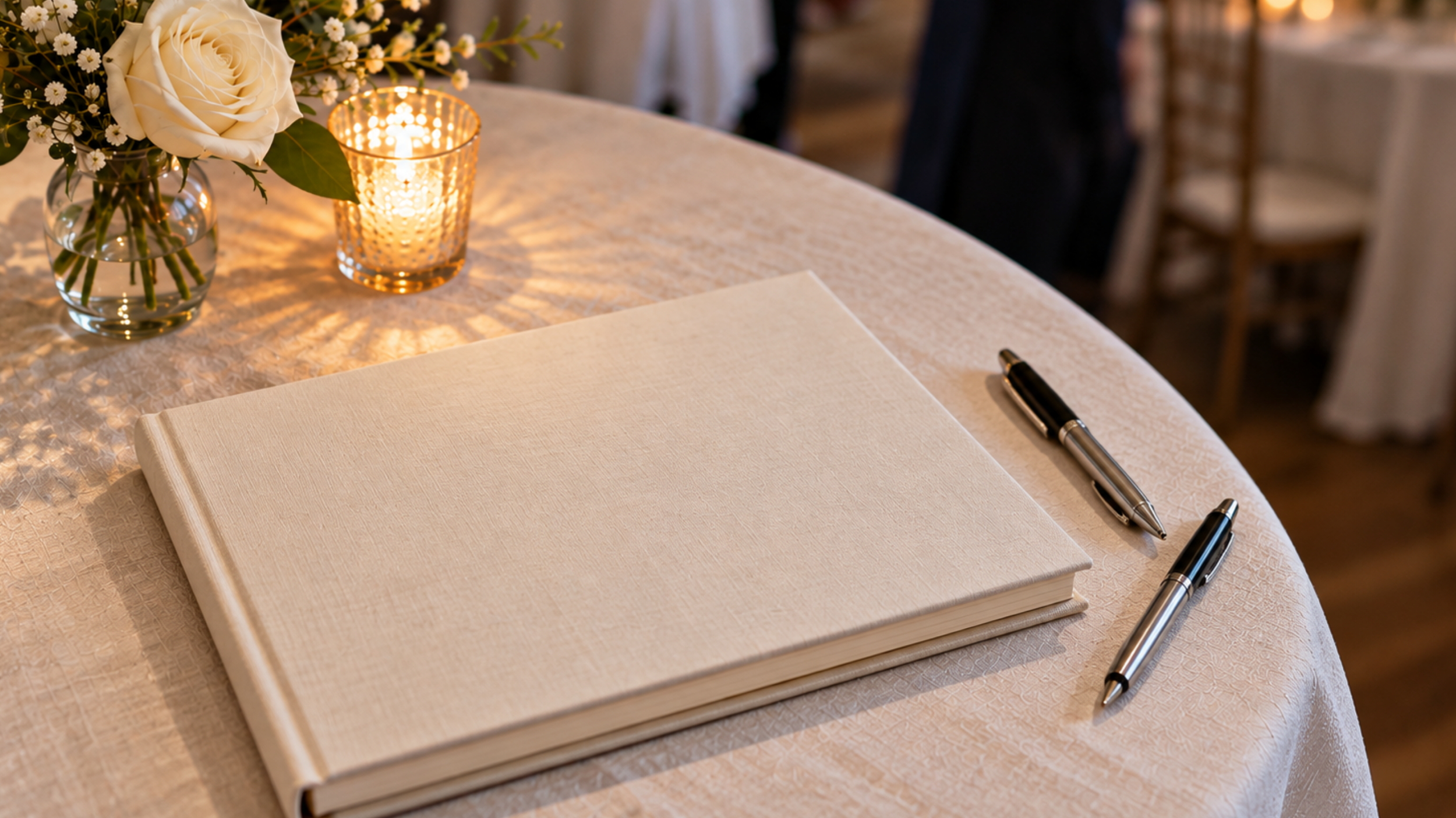 Closed ivory wedding guest book with two pens beside it on a table decorated with white flowers and a candle.