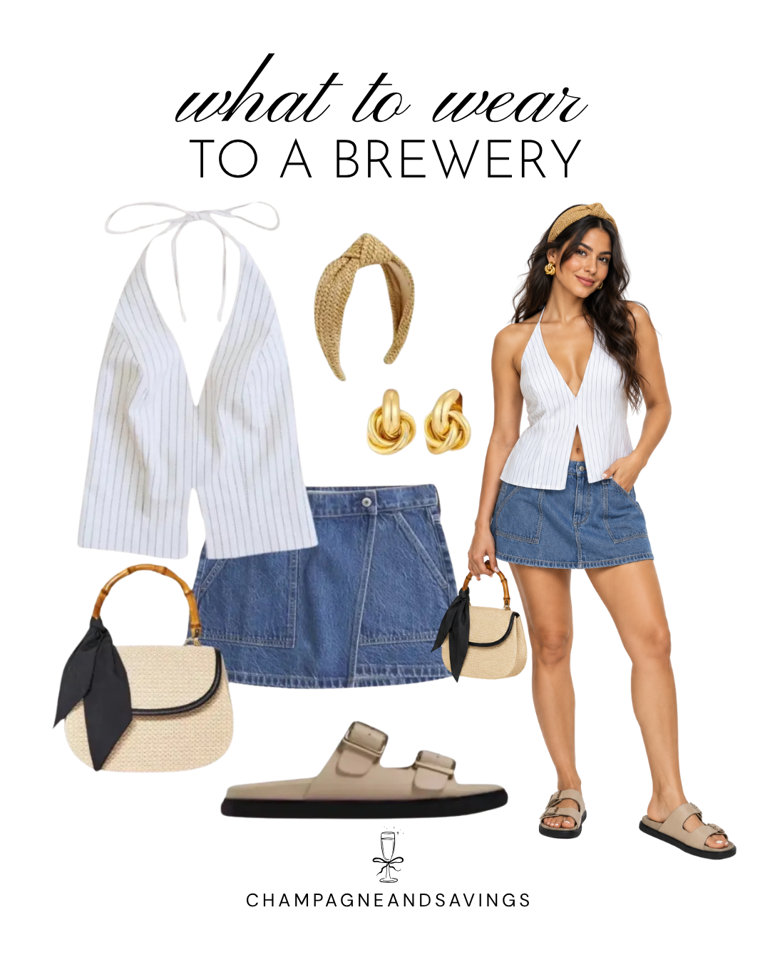 Summer brewery outfit with a white striped halter top, denim mini skirt, raffia accessories, and chunky beige sandals.